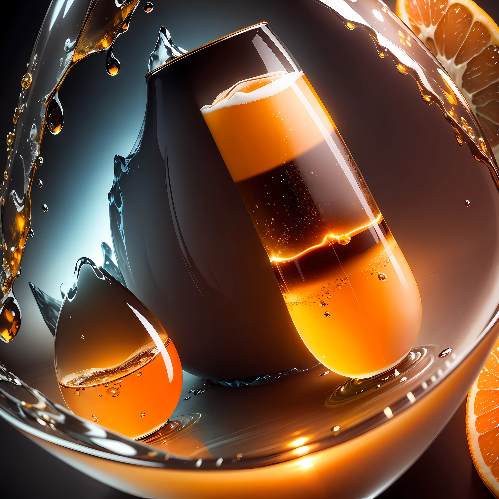 Computer, realistic fantasy, Extensive landscape ultrasound photography (general view showing glass glass, orange, slices, honey, coffee, dew drops, inside an iceberg, ), blurred background, gloomy, yellow, purple background, magic