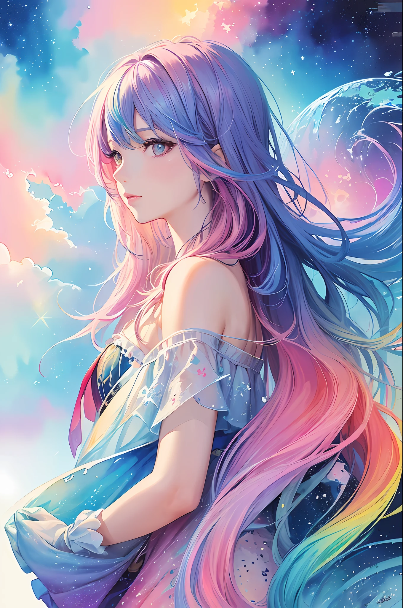 (masterpiece, top quality, best quality,watercolor (medium),official art, beautiful and aesthetic:1.2),(1girl:1.3), (fractal art:1.3),upper body, from side, looking at viewer,patterns,(rainbow color Hair,colorful hair,half blue and half pink hair:1.2),water,liquid, cloud,colorful, starry,stars,