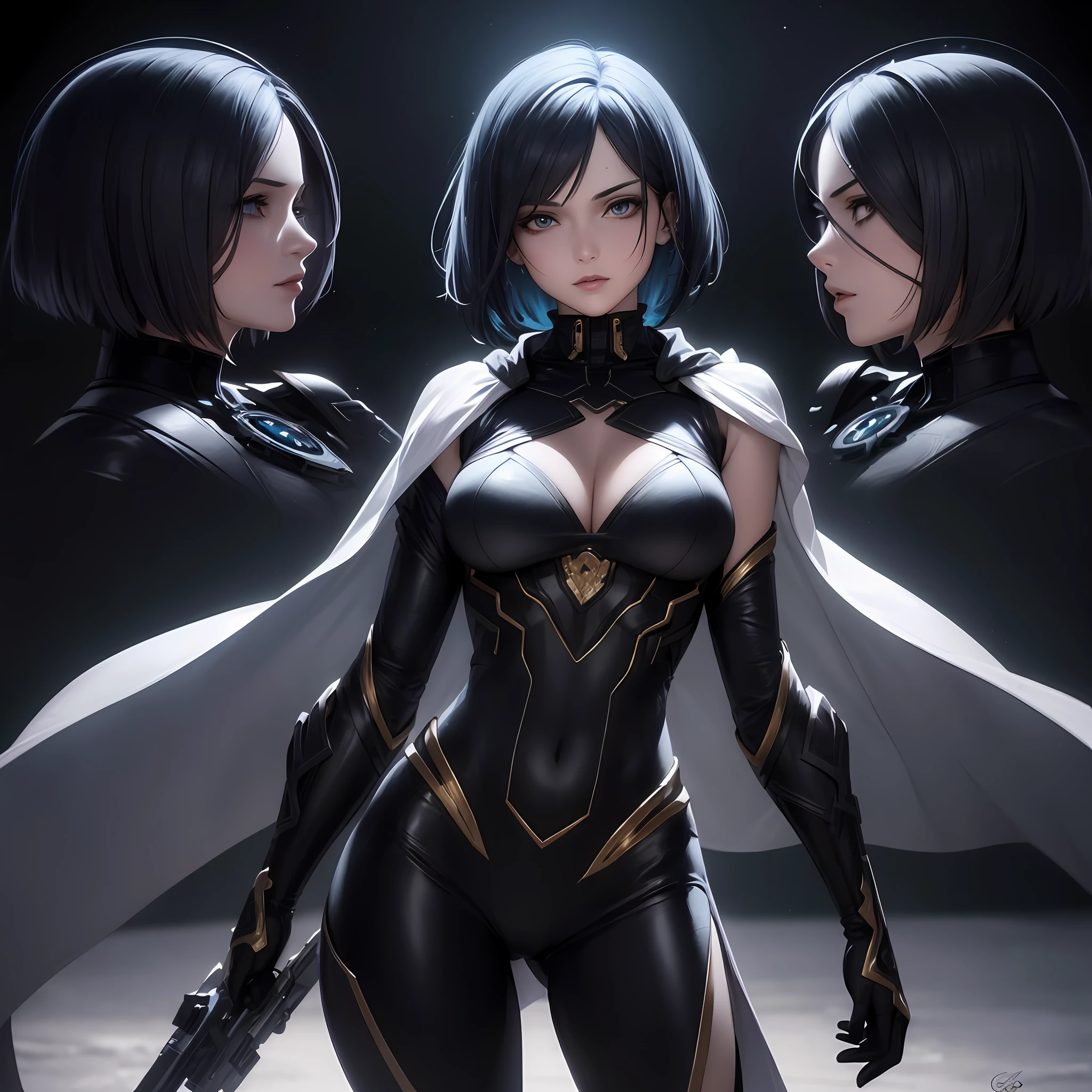 ((From a beautiful & perfect face to a hot waist)) superheroine masterpiece hyperrealist & photorealist beauty young astonishing anime, pearly perfect skin (short bob cut hair) in realistic & hyperdetailed combat body plugsuit with cape & scarf in 8k, full HD vines, detailed artistic, aesthetic, midnight aura, glowing, glamour, glow, shadows, developed by Unreal Engine 5, Ultra Sharp Focus, Art by Alberto Seveso, Sci-Fi, Intricate Artwork, golden Ratio, epic, HR Giger STYLE, highly detailed, vibrant, UHD 8K