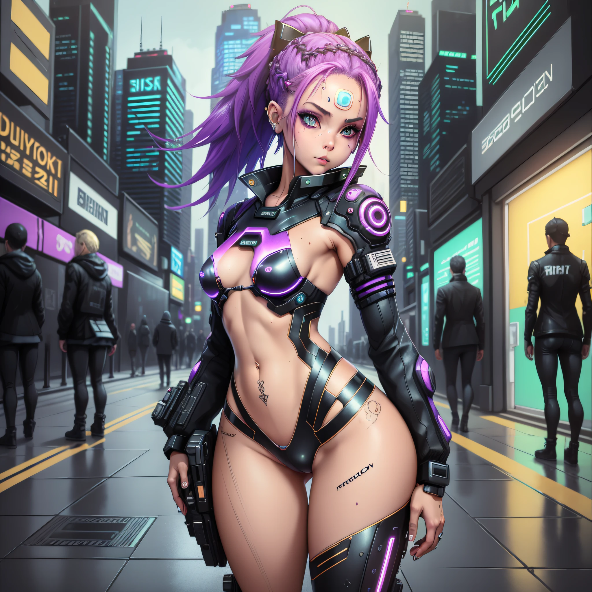 ((Cyberpunk art technique by Josan Gonzalez)), (Art inspired by the technique of Charles Lavesso) ,((Best masterpiece in the world)), art rich in colors, ((Realism)), (Brazilian woman), (extremely beautiful girl: 1.2), mature, sexy woman, (full body), (semi-naked girl), sexy pose, (Crisp face), (one eye is bionic), (ponytail hair with variations), shaved and braided hair on the side, hair, blond, black, red, random hair lock color, perfect body, strawberry mouth with shine, mouth little open, eyes symmetrical, seductive look, beautiful eyes ultra detailed and with brightness), makeup, perfect hands with 4 fingers and a thumb, full buttocks and rounded medium and laterally, tendency ass of the Brazilian, small and round breasts, and protruding areolas), (pubic hair barely visible), piercing in the navel, tattoos on the body, tattoo style Irezumi, thin waist, tanned skin, bikini marks on tanned skin, metehumam skin, hyper detailed skin with visible pores, small discolored body hairs, bionic, legging, (transparent crystal plastic top: 1.2), (transparent plastic bag), (transparent crystal plastic fabric), wet with sweat, (see through fabric), Cyber Punk style jacket, high heel shoes, ((Metropolises night city of Cyber Punk night background extremely detailed: 1.4)), cyber punk walking npcs, parked sport bikes, (billboards: 1.2), glass cover, disco, alley, beach, landscape, neon, wet floor, glow efect, (8k resolution: 1.2), (Canon EOS R6), Artstation trend, Lumen[, sharp, Unreal 5, photorealistic art, Ray Tracing, (High Dynamic Range 10 plus), surrealism, shadow, stereogram, Lens Flare light, (hyper realistic light and shadow: 1.2) ;