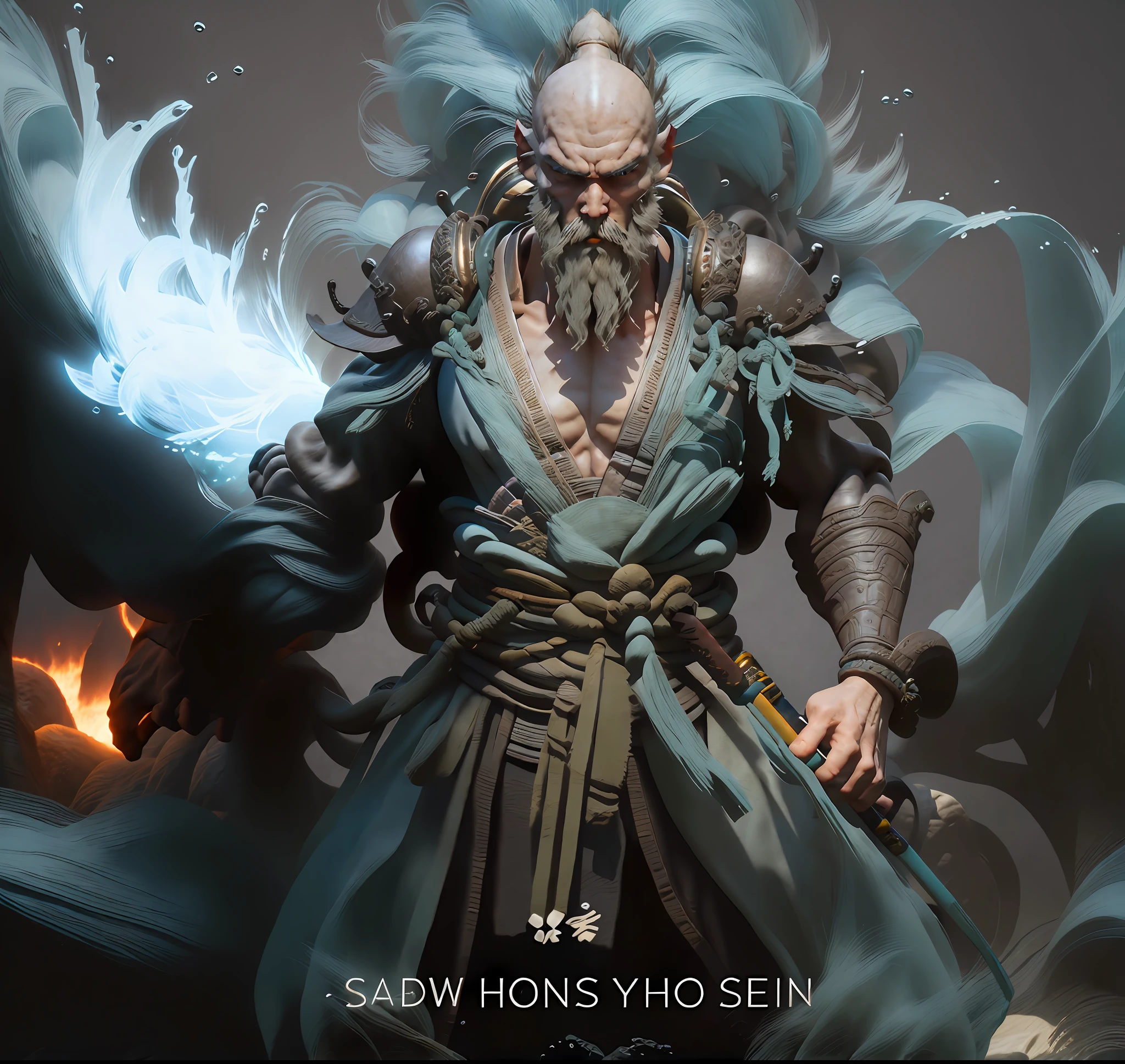 Sand monk, a close-up of a bald Chinese man with a skull on his chest, Chinese man, hideous face, Guan Yu, water waves on the soles of his feet, sand monk, roller shutter general, immortal, big waist round, holding a weapon Zen staff, behind the water waves, the skin of the character is gray, the neck hangs a skeleton necklace, master works, ultra-clear picture quality, normal hands, mustache on both sides of the lips