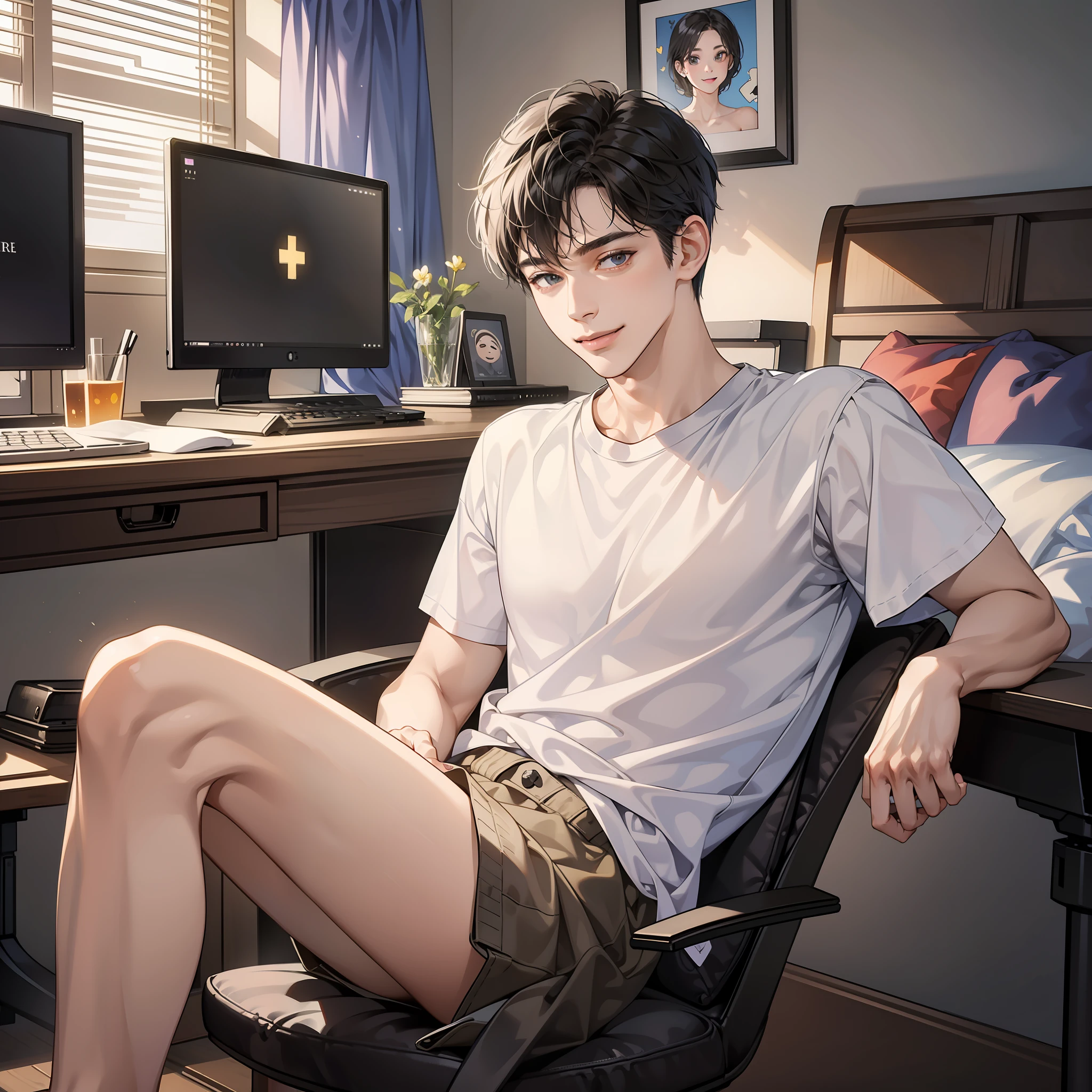 Masterpiece, high quality, best quality, HD, realistic, perfect lighting, detailed face, detailed body, 1 man, short black hair, white t-shirt, (smile emoji: 1.5) (face happy: 1.5), sitting, looking at the computer monitor, in the room