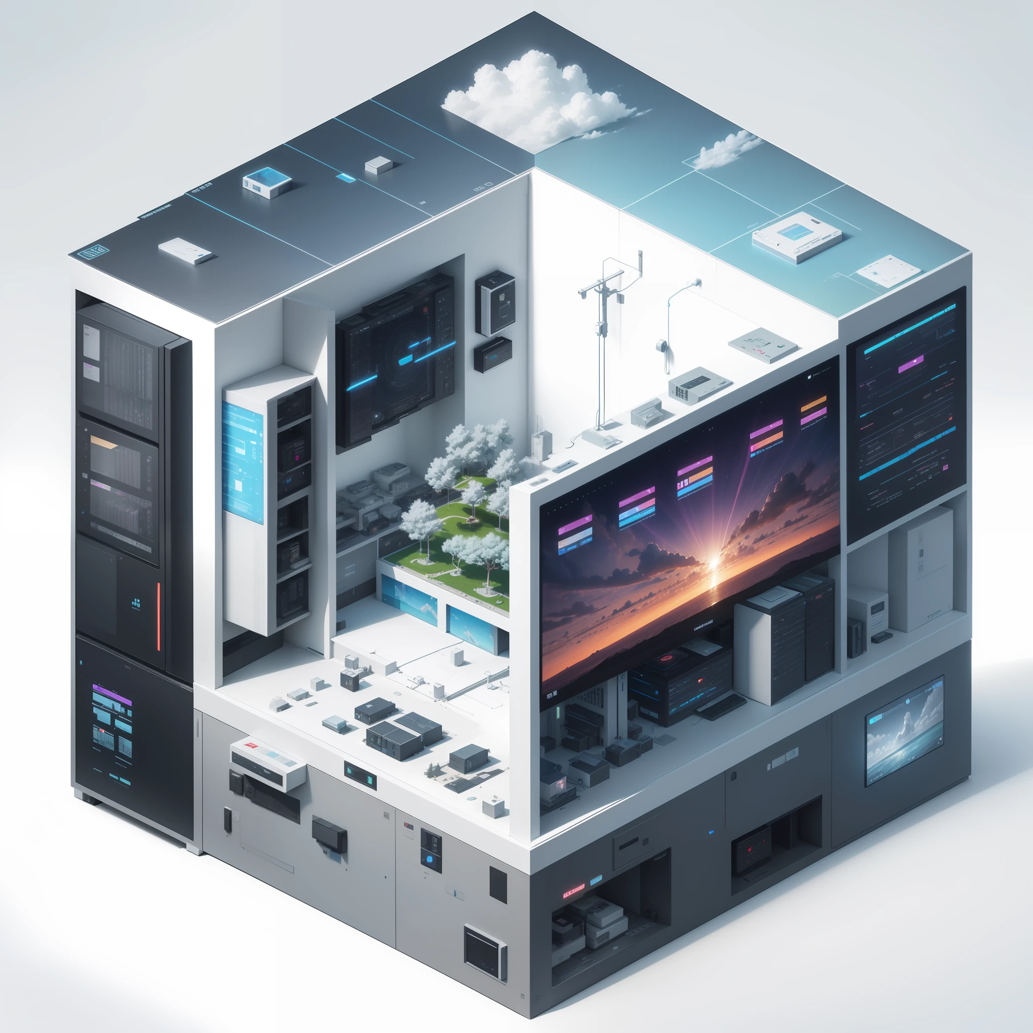 Digital ecosystem, digital service platform, data center, IoT device, cloud computing, artificial intelligence, smart city, blind box toy style, high detail, ray tracing, stereogram, three sided view, Op art, 8k, high details, high quality, 8k, masterpiece, ccurate, best quality --auto --s2