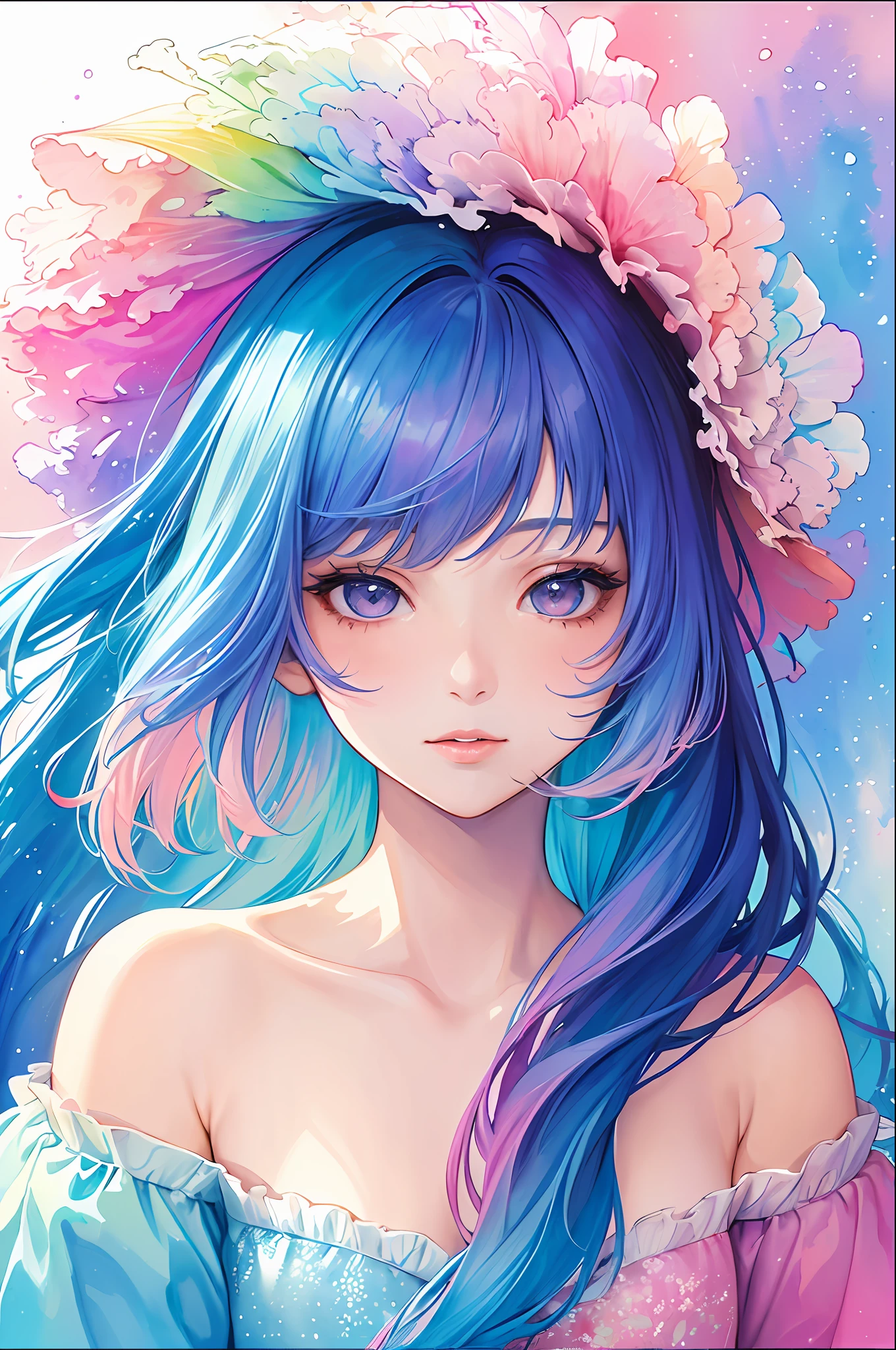 (masterpiece, top quality, best quality,watercolor (medium),official art, beautiful and aesthetic:1.2),(1girl:1.3), (fractal art:1.3),upper body, from side, looking at viewer,patterns,(rainbow color Hair,colorful hair,half blue and half pink hair:1.2),water,liquid, cloud,colorful, starry,stars,