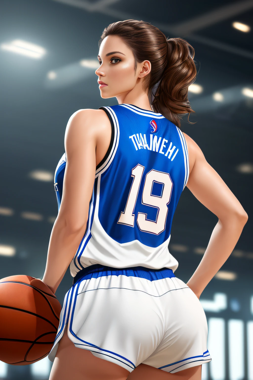 ((Masterpiece)), ((Best Quality)), (Ultra Detailed), (Very Detailed)), 4K, (8K), Best Quality, (Beautiful), Perfect Anatomy, Photo from Behind, Tempered Ass, Supermodel Portrait Photography, Solo, (Basketball Uniform), Meticulously Rendered Face, Beautiful Eyes, Feminine Physique, Goddess of Beauty, Unreal Engine, Octane Rendering, Gymnasium, Movie Lighting,