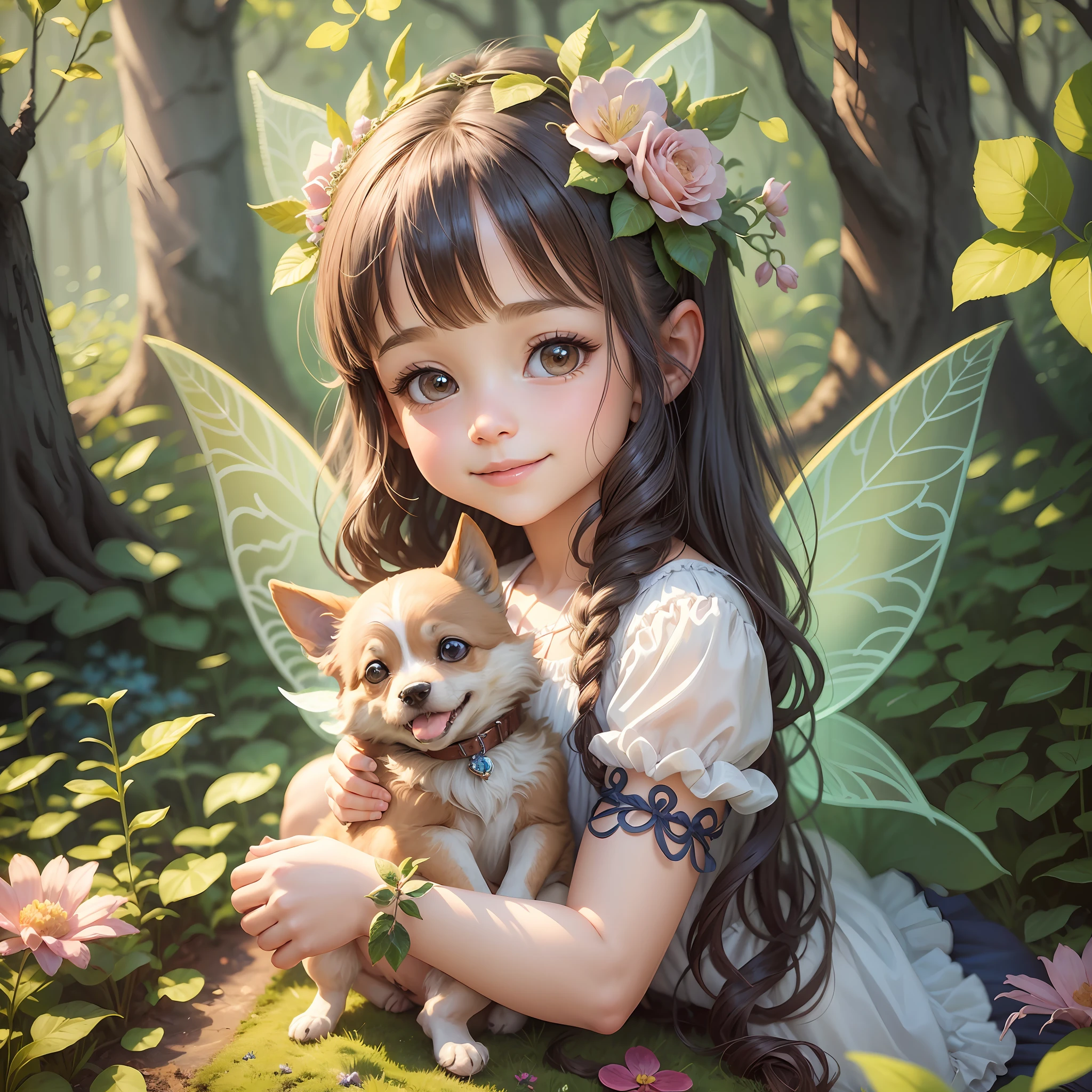 Little girl holding flower and dog, adorable digital painting, cute detailed digital art, little fairy, ArtStation kids art, cute digital art, smiling as fairy queen, cute 3d render, beautiful rendering of fairy tale, magic fairy background, happy brave magic cuteness, beautiful fairy, fairy portrait, forest fairy, bright background --auto --s2