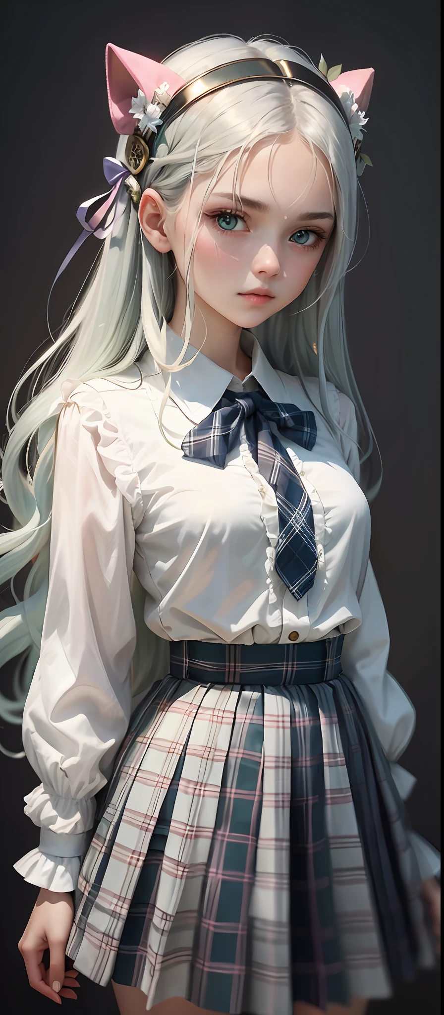 1girl, (masterpiece:1.1), (best quality:1.1), (white blouse:1.1), (plaid skirt:1.1), school uniform, high waist skirt, BREAK [blue:pink:0.5] theme, (gradient background:1.1 ), cowboy shot, BREAK silver hair, long hair,, green eyes, delicate headgear, looking sideways,