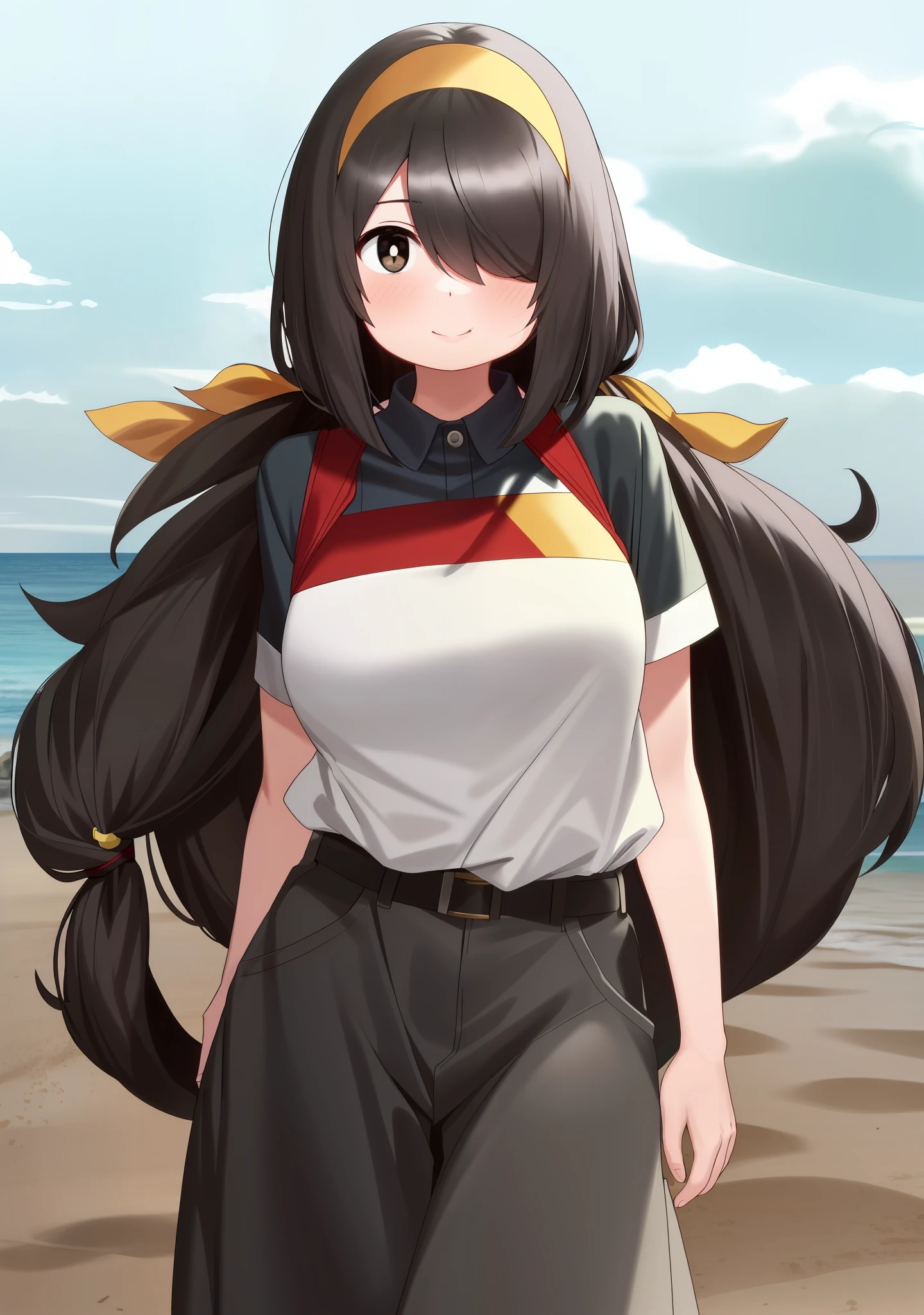 Nishimura akane, age up, mature, adult age,
((1girl)), ((solo)), long hair, black hair, black eyes, hand on chest, large breast, white pupils, smile, sand, beach, sea, sky, cloud, ((swimsut)), looking at viewer, hair between eyes, cowboy shot)), facing viewer, yellow hairband, hair cover one eye, 1:5, shy, blush, cute pose, palm tree,