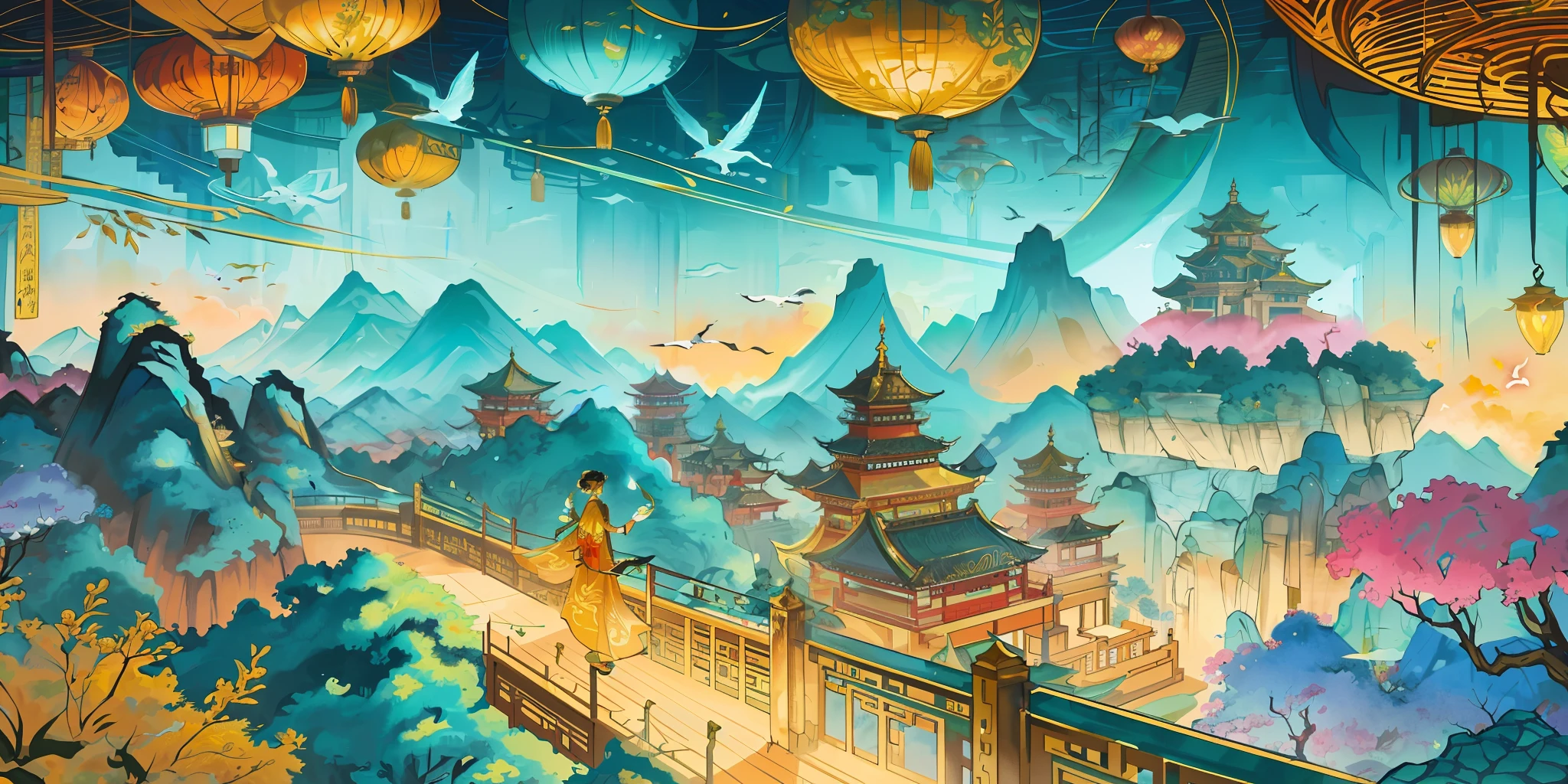 an image of an asian landscape with mountains and birds in the air, in the style of fantastical otherworldly visions, light cyan and gold, intricately mapped worlds, hyperrealistic illustrations, romanticized cityscapes, detailed character illustrations, organic shapes and curved lines, --v6