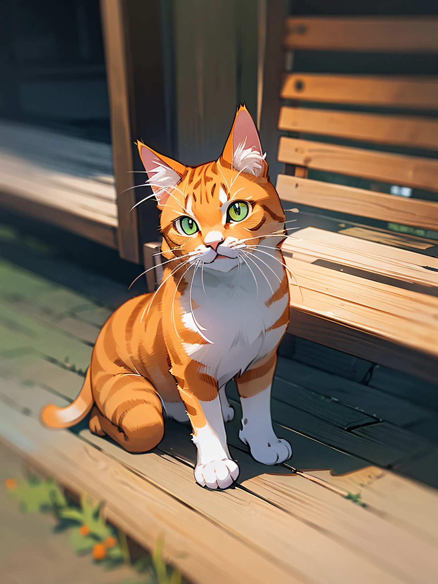 there is a cat sitting on a wooden bench in the city, a portrait by Niko Henrichon, shutterstock, photorealism, sad cat, beautiful picture of stray, photo of a cat, ginger cat, cat on the table, the cat is walking, angry cat, an anthro cat, cute furry needs your help, orange cat, an orange cat --auto --s2