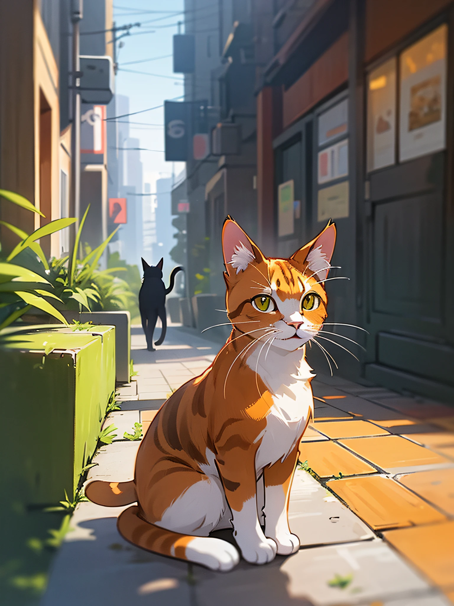 there is a cat sitting on a wooden bench in the city, a portrait by Niko Henrichon, shutterstock, photorealism, sad cat, beautiful picture of stray, photo of a cat, ginger cat, cat on the table, the cat is walking, angry cat, an anthro cat, cute furry needs your help, orange cat, an orange cat --auto --s2
