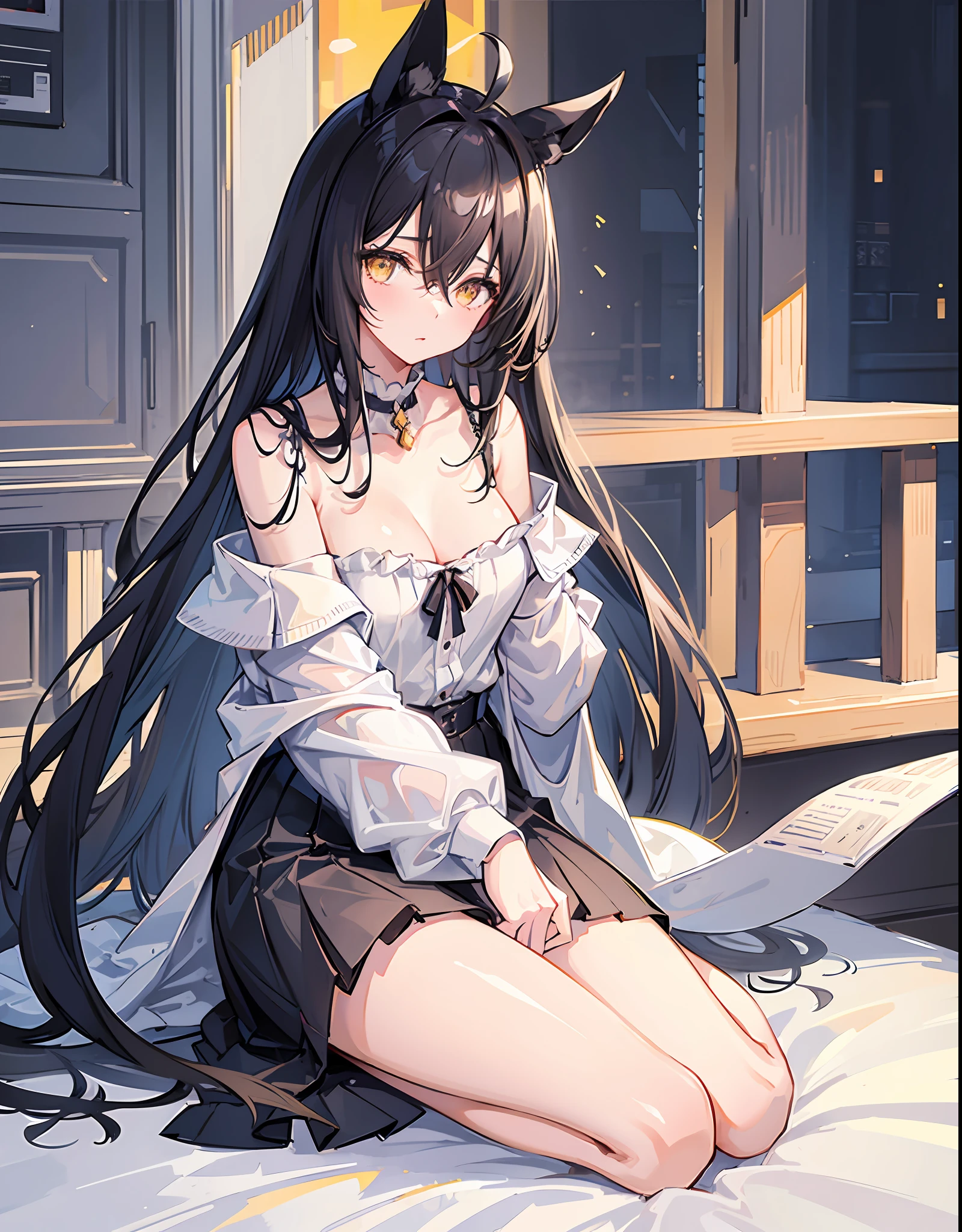 ((Masterpiece)), ((highest image quality)), (illustration of one girl), Solo, Black Horse Ears, Black-haired Horse Tail, Ahoge of Thin White Color Independent of Black Hair, (Long Black Hair), Very thin and long black bangs passing between the eyes, Shining yellow eyes without highlights, (off-shoulder), See-through, Seduction, Black underwear, Bed, Thighs, Shirt, Half-undressed, Night, On the bed,