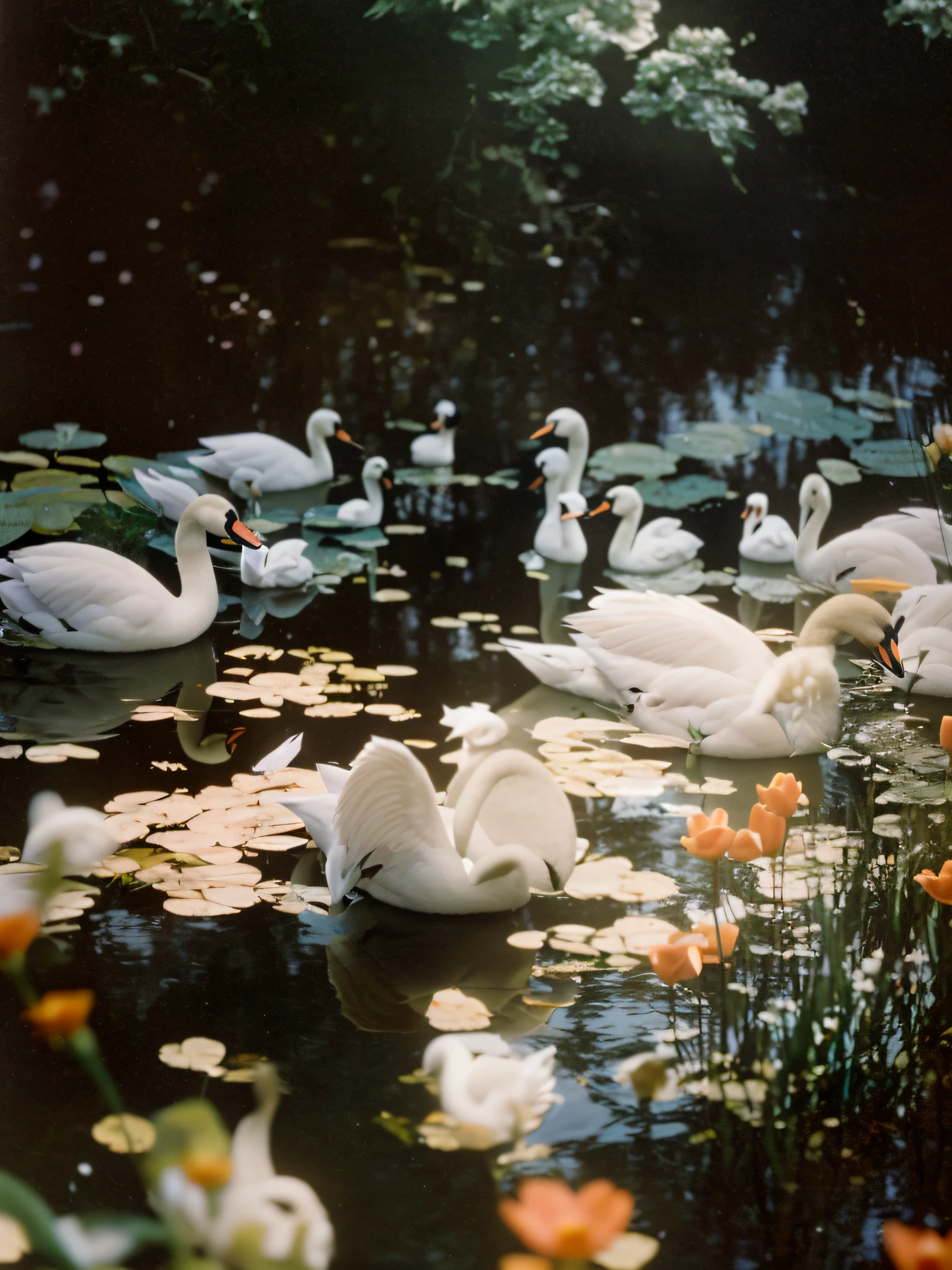ducks and swans are swimming in a pond with flowers, swans, peaceful and graceful, in a pond, david hamilton, swan, dreamy scene, rinko kawauchi, beautiful!!!!!!!!!!!!, monia merlo, lush nature, extremely beautiful and ethereal, beautiful nature, surrounded, film photo from 1970s, photographed on colour film, by Elsa Bleda