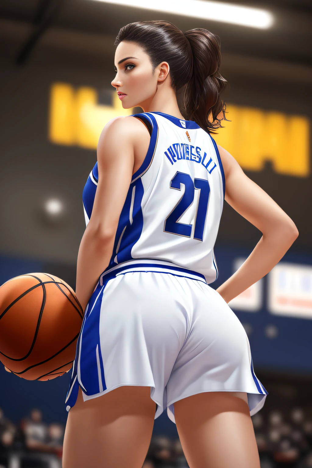 ((Masterpiece)), ((Best Quality)), (Ultra Detailed), (Very Detailed)), 4K, (8K), Best Quality, (Beautiful), Perfect Anatomy, Photo from Behind, Tempered Ass, Supermodel Portrait Photography, Solo, (Basketball Uniform), Meticulously Rendered Face, Beautiful Eyes, Feminine Physique, Goddess of Beauty, Unreal Engine, Octane Rendering, Gymnasium, Movie Lighting,