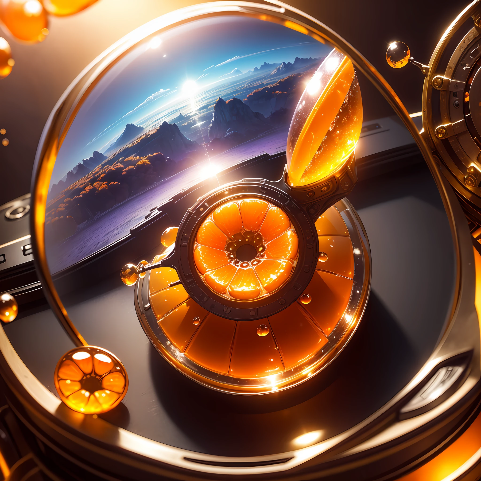 Computer, realistic fantasy, Extensive landscape ultra photography (general view showing glass glass, orange, slices, dew drops, ), blurred background, warm, yellow, purple background, magic