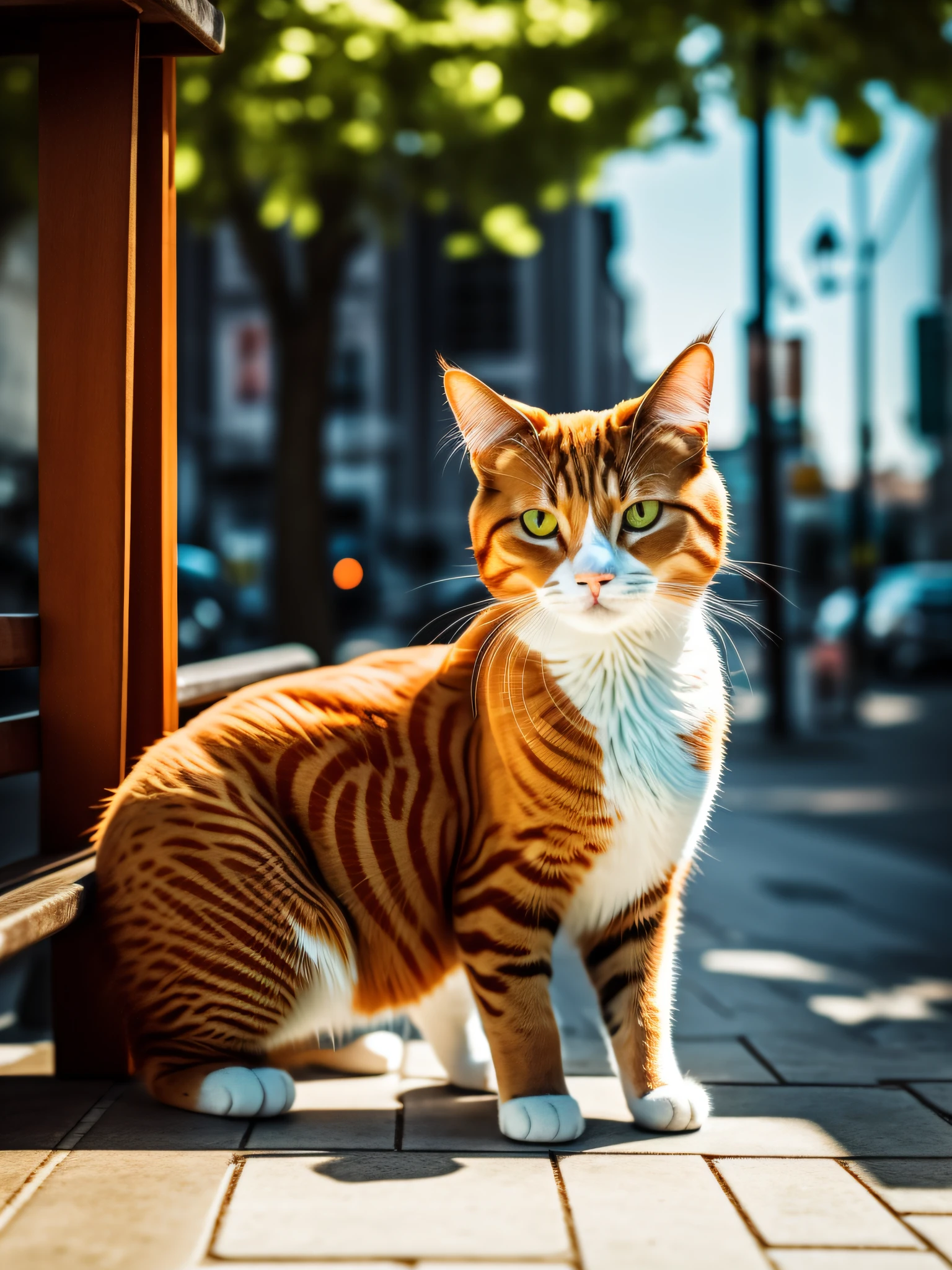 there is a cat sitting on a wooden bench in the city, sad cat, beautiful mutt picture, photo of a cat, ginger cat, cat on the table, the cat is walking, angry cat, an antro cat, cute furry needs your help, shutterstock, orange cat, white cat, an orange cat, a cute cat, pet,  cute cat, Social realism, Realism, ray tracing, reflection light, high quality, high details, super detail, 8k, 16k, best quality