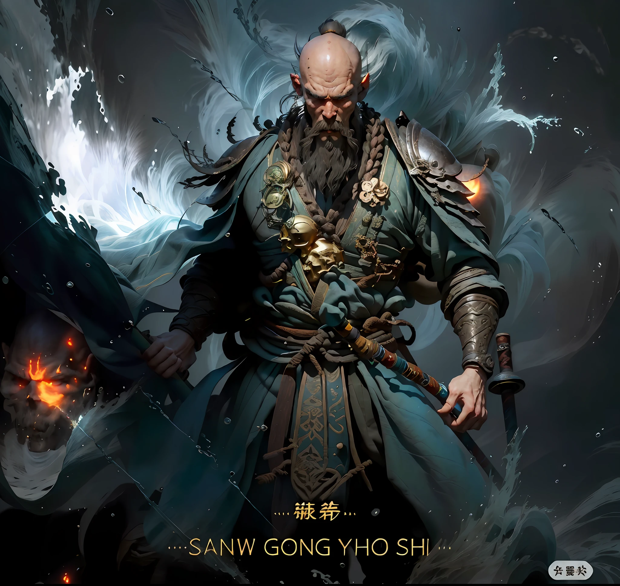Sand monk bald monk, close-up of bald male Chinese monk with skull on chest, Chinese man, hideous face, Guan Yu, water waves on the soles of his feet, sand monk, roller shutter general, immortal, big waist round, holding a weapon Zen staff, behind the water waves, the skin of the character is gray, the neck hangs a skull necklace, master works, ultra-clear picture quality, normal hands, mustache on both sides of the lips