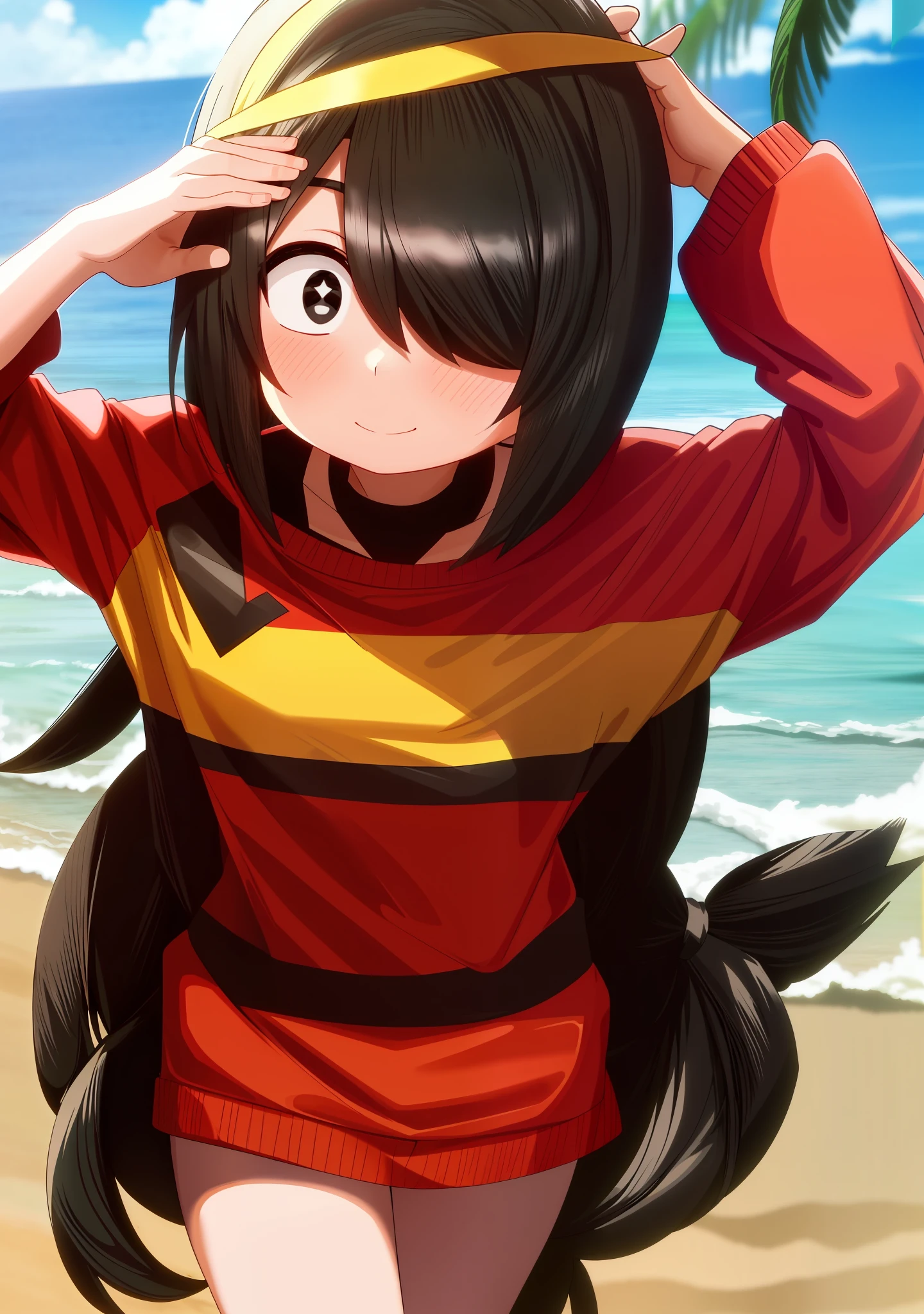 Nishimura akane, age up, mature, adult age,
((1girl)), ((solo)), long hair, black hair, black eyes, hand on chest, large breast, white pupils, smile, sand, beach, sea, sky, cloud, ((swimsut)), looking at viewer, hair between eyes, cowboy shot)), facing viewer, yellow hairband, hair cover one eye, 1:5, shy, blush, cute pose, palm tree,