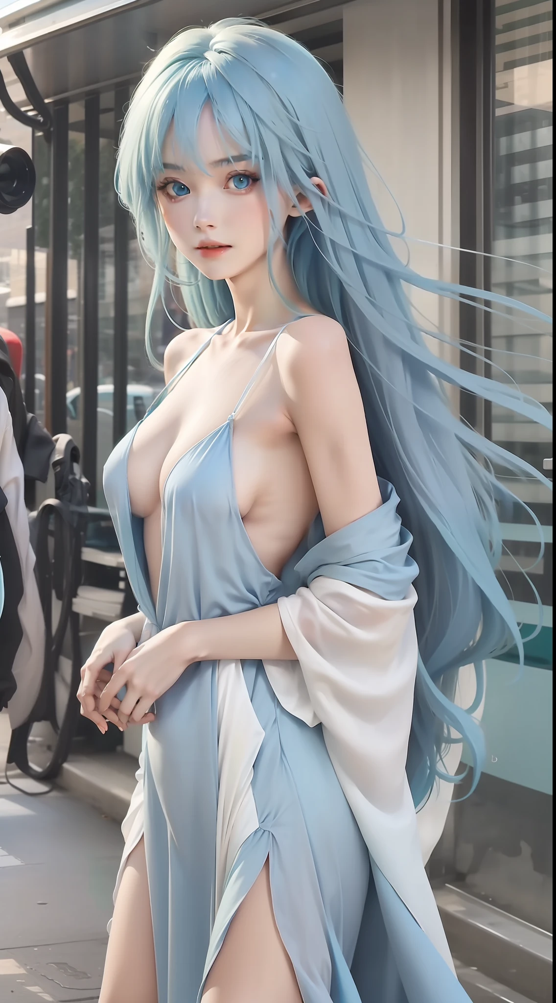 Light blue and green gradient hair, blue eyes, long hair, long white dress, nudity