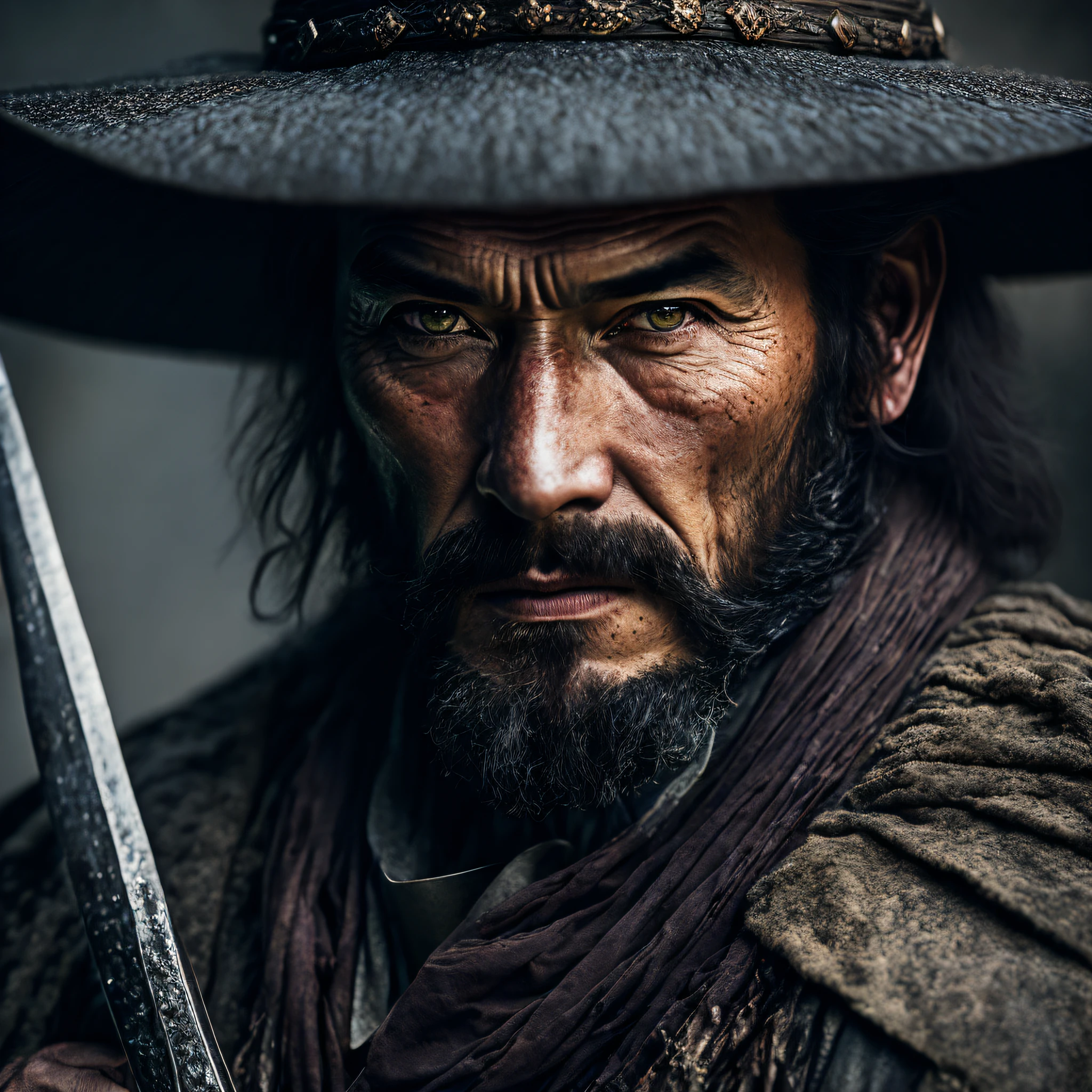 Macro clear quality, wet print photo closeup Arad man holding sword and hat in samurai costume, samurai portrait photo, rough skin, focused eyes, spark, 40 years, fog, soot, Unreal Engine, UE5, movie, very detailed, Sony A7iii, 85mm focal length, f/1.8, Cintan Render + Ultra realistic, photo