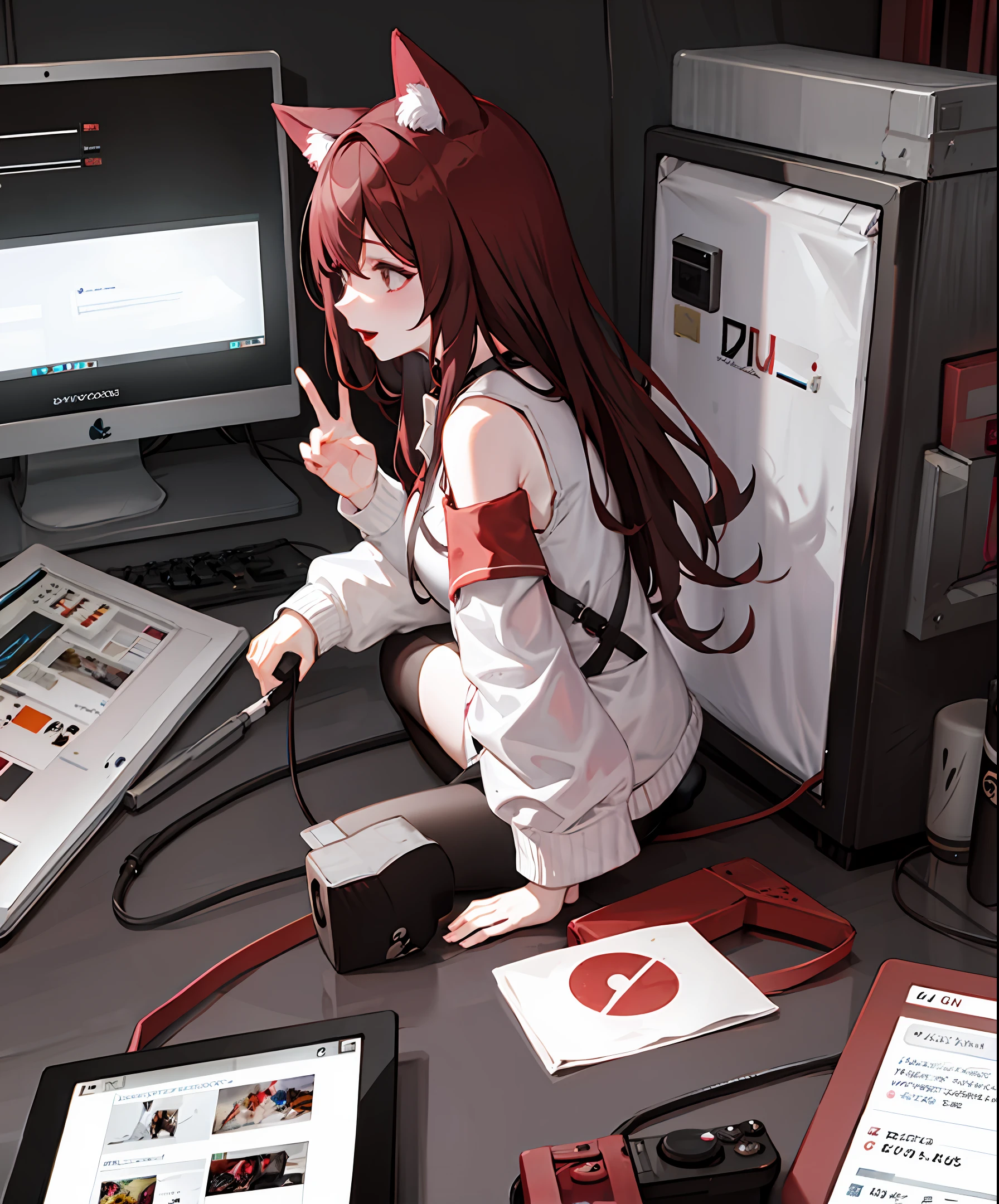 catgirl, pale skin, red lips, gamer, gamer headphone, long brown hair, brown eyes, profile
