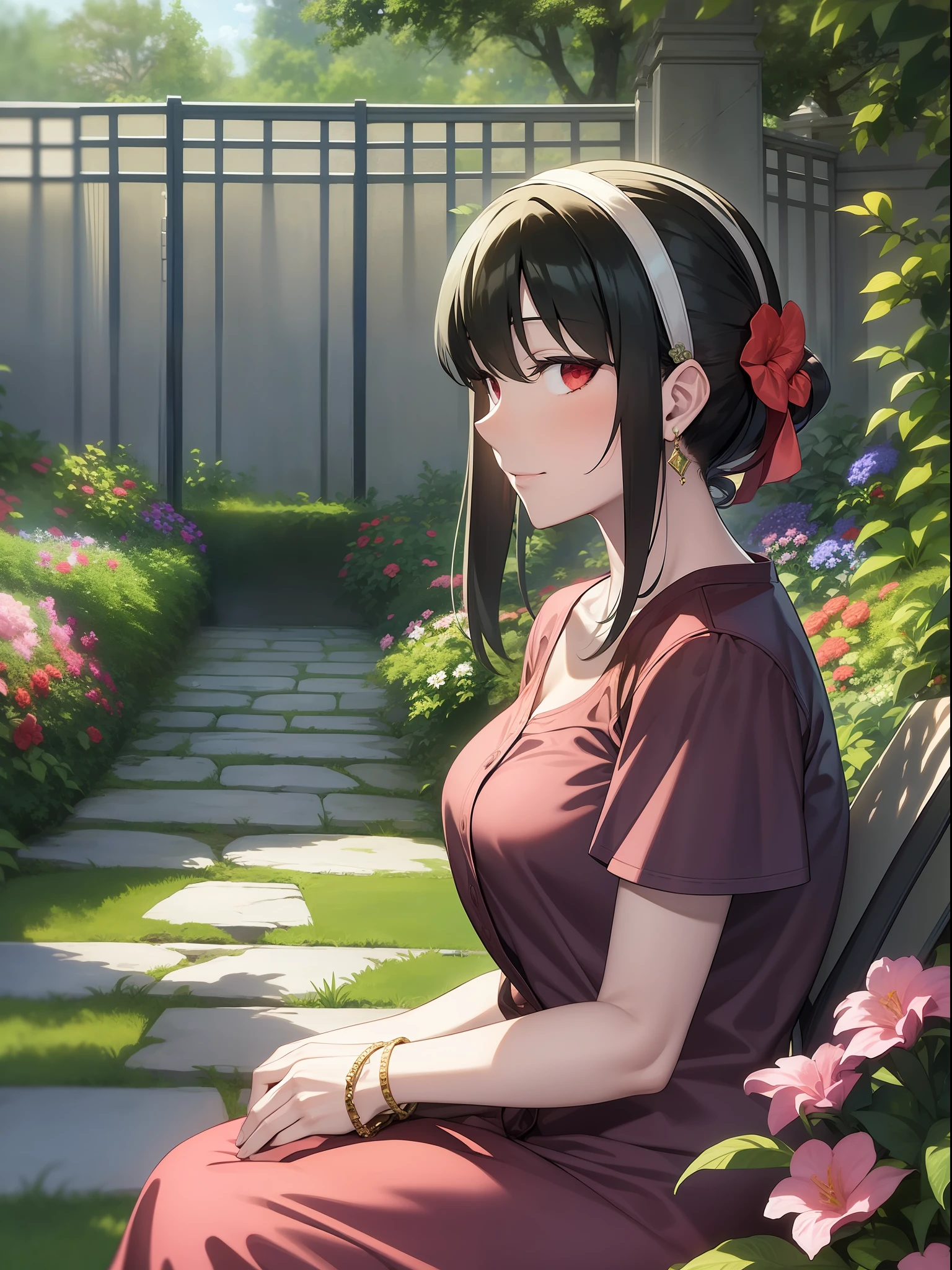 Yor Forger sitting in the garden, wearing summer clothes, red eyes, nice environment, super detailed, high quality