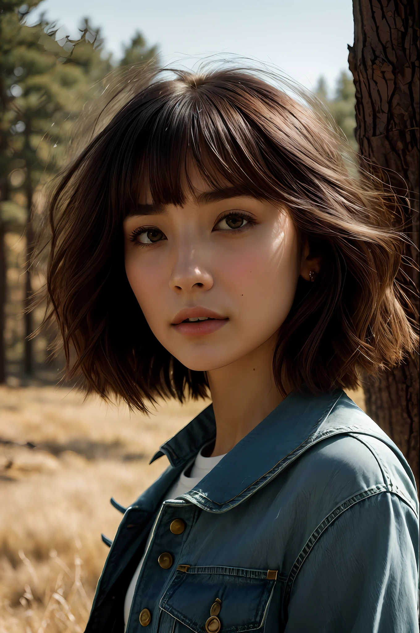 ((Top Quality, 8k, Masterpiece: 1.3)), Japan Women (1, 20 years old, Highly detailed face and skin and hair texture, detailed eyes, double eyelids, white skin, beautiful delicate nose, bright hair color, bob cut hair, window breaker worn, denim pants worn, mountain boots worn), overhead camera, sharp focus: 1.2, while emphasizing the subject's hair, eyes, mouth, action The composition is pleasing to the eye and thought-provoking. ⠀
The background is forest, ground, outdoor (daytime), mountain, nature, cheerful, wind, happiness, backpack, tent, bonfire, forest, river, smoke, shadow, contrast, clear sky, style, (warm shades, warm tones), at dynamic angles, pleasant to the eye, while exuding melancholy emotions, characterized by a contrasting mix of calm tones and light and shadow, while emphasizing the subject's hair, eyes, mouth, action, It is a thought-provoking composition.