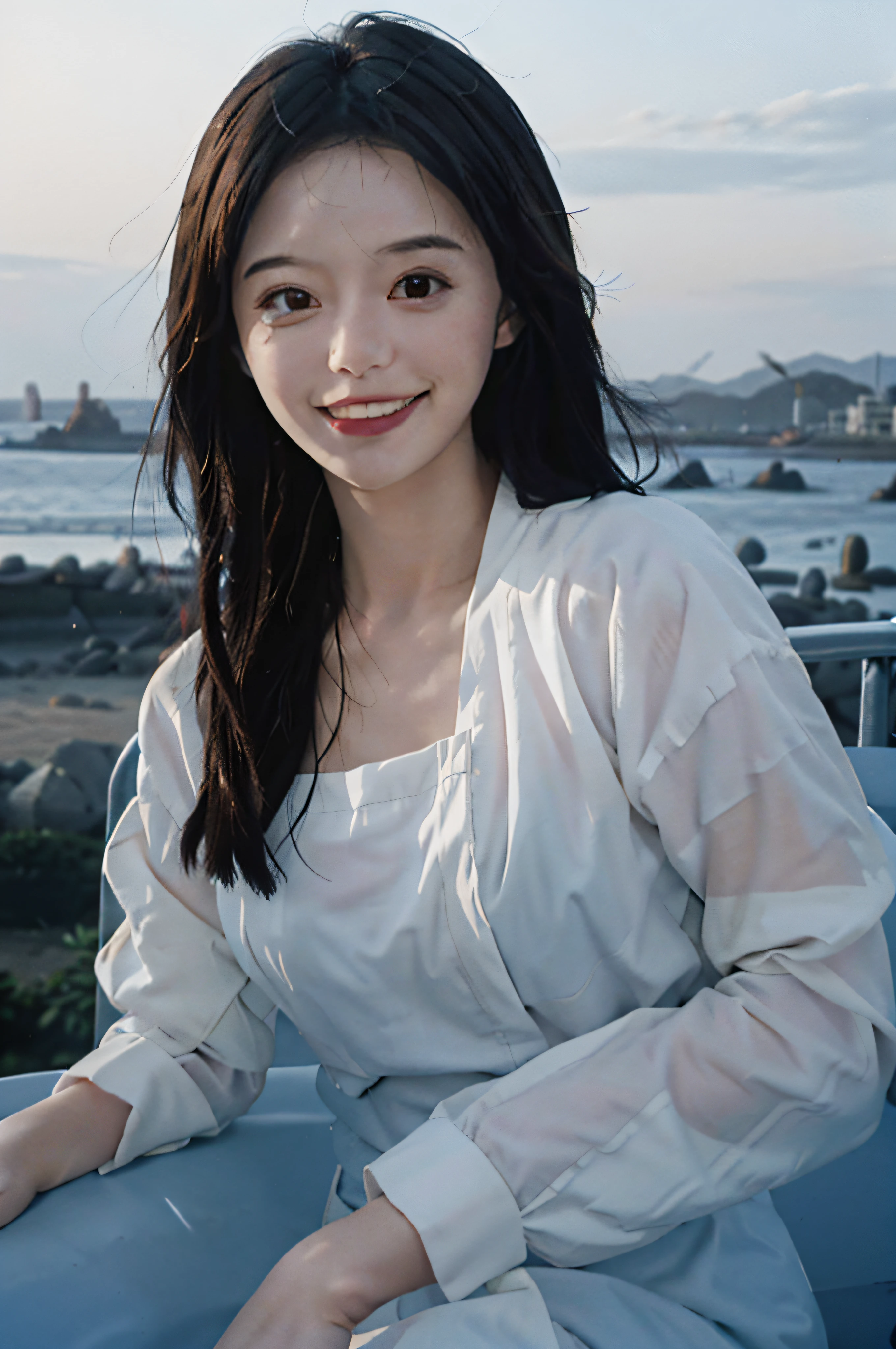 Best quality, masterpiece, super high resolution, 1080P, 1 girl, beautiful eyes and face details, best quality, bust, half, seaside, sunset, big bust, smile, blue sky, white clouds