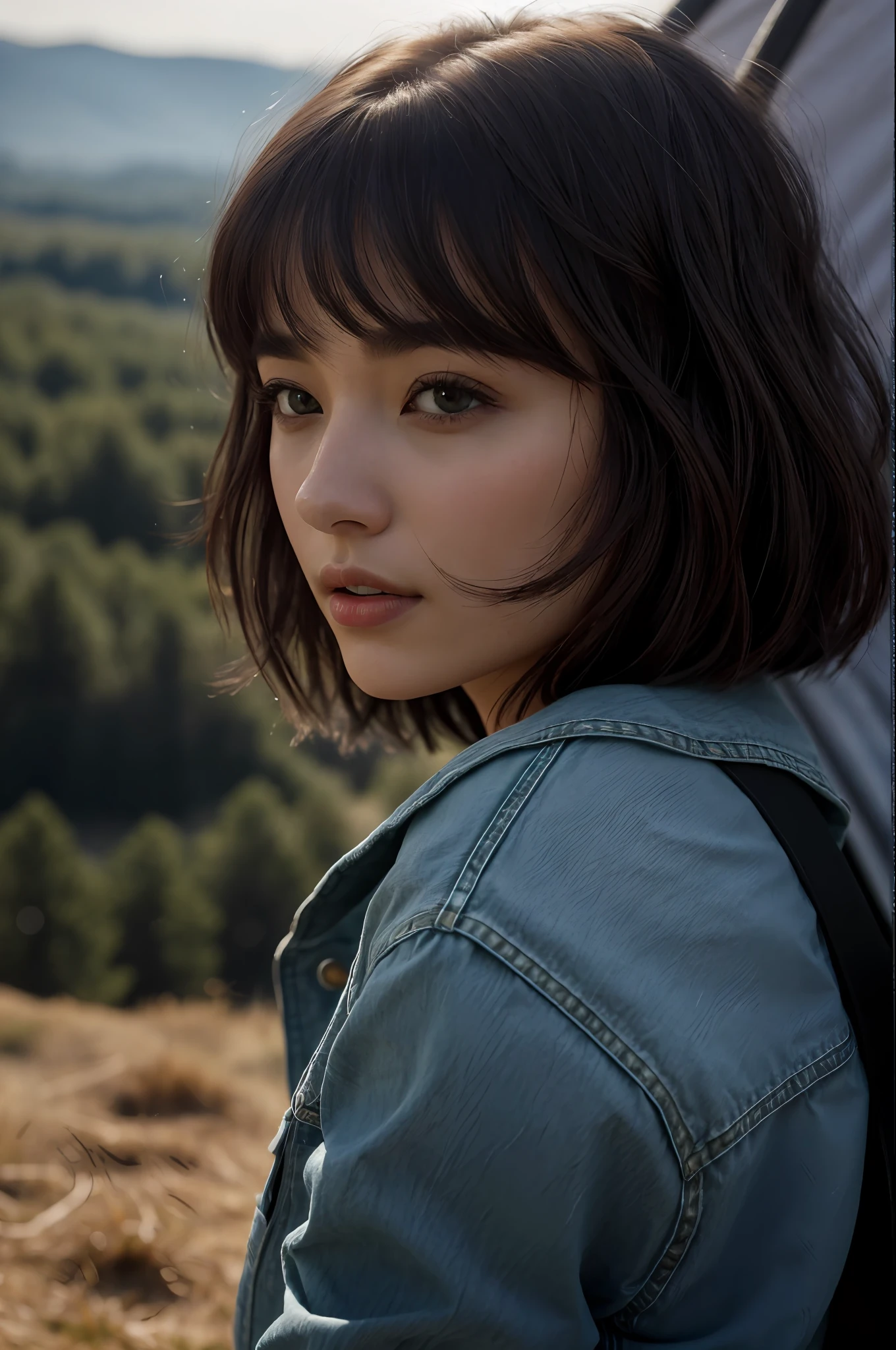 ((Top Quality, 8k, Masterpiece: 1.3)), Japan Women (1, 20 years old, Highly detailed face and skin and hair texture, detailed eyes, double eyelids, white skin, beautiful delicate nose, bright hair color, bob cut hair, window breaker worn, denim pants worn, mountain boots worn), overhead camera, sharp focus: 1.2, while emphasizing the subject's hair, eyes, mouth, action The composition is pleasing to the eye and thought-provoking. ⠀
The background is forest, ground, outdoor (daytime), mountain, nature, cheerful, wind, happiness, backpack, tent, bonfire, forest, river, smoke, shadow, contrast, clear sky, style, (warm shades, warm tones), at dynamic angles, pleasant to the eye, while exuding melancholy emotions, characterized by a contrasting mix of calm tones and light and shadow, while emphasizing the subject's hair, eyes, mouth, action, It is a thought-provoking composition.