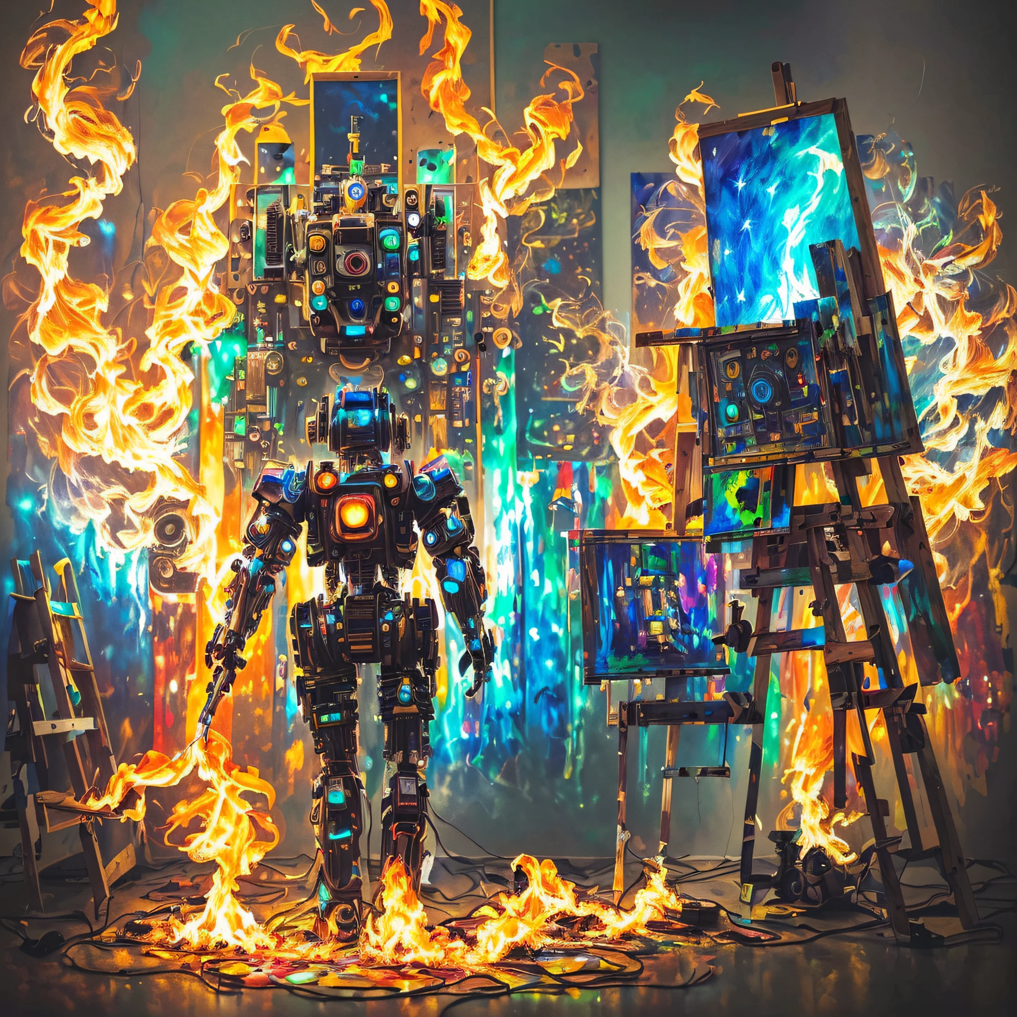 (masterpiece, best quality, highres, absurdres, detailed:1.2), humanoid, robot, wearing headphones, looking away, (cyberpunk, art canvas, paint brush, easel, iridescent, painting on fired studio, holographic: 1.6), (cables, wires, flames, fire, smoke, overheat, explosion, indoors, room, simple background)