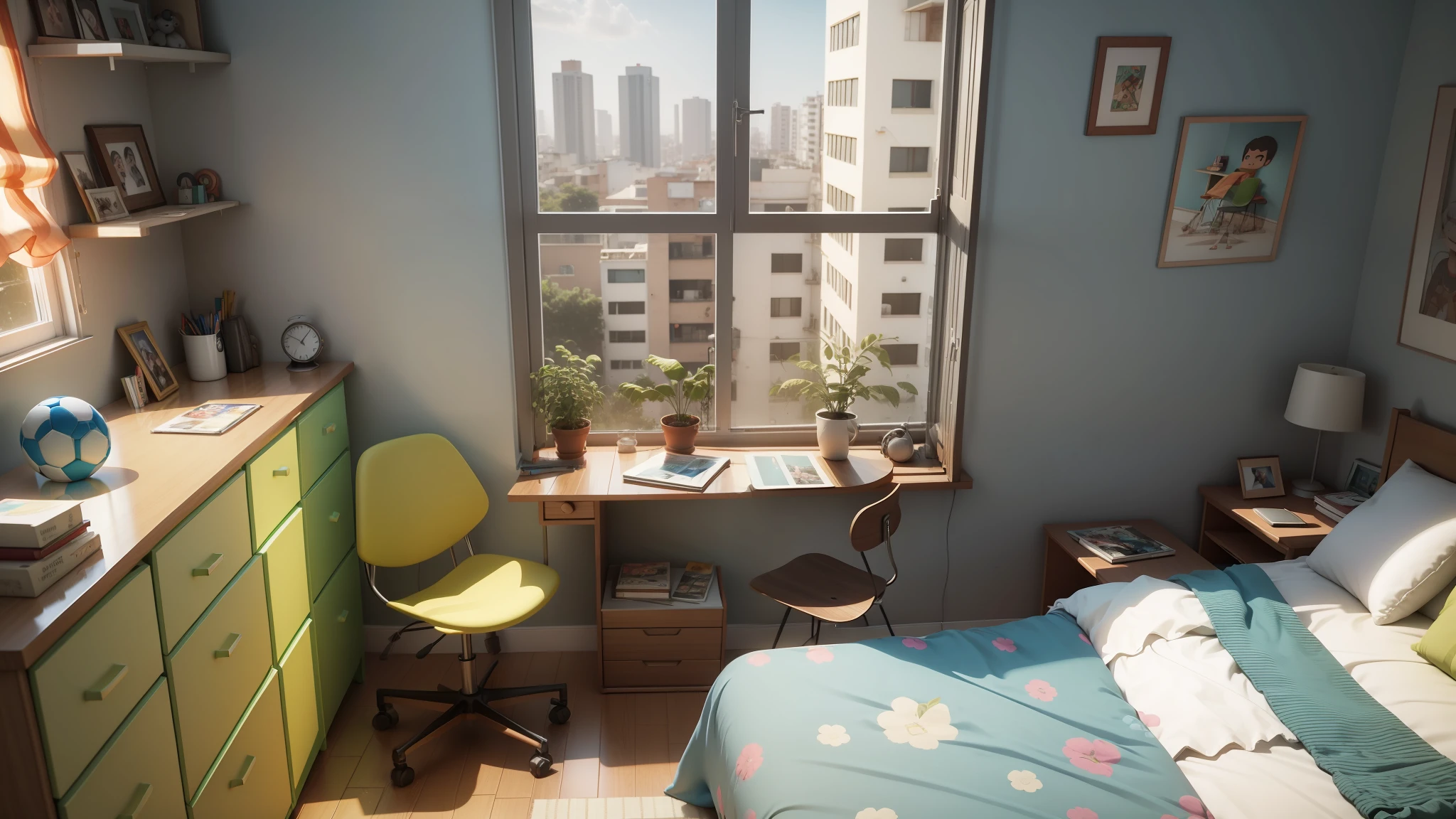 3D cartoon, bedroom of a young Brazilian boy, unmade bed, a chair facing the window, 4K --auto --s2