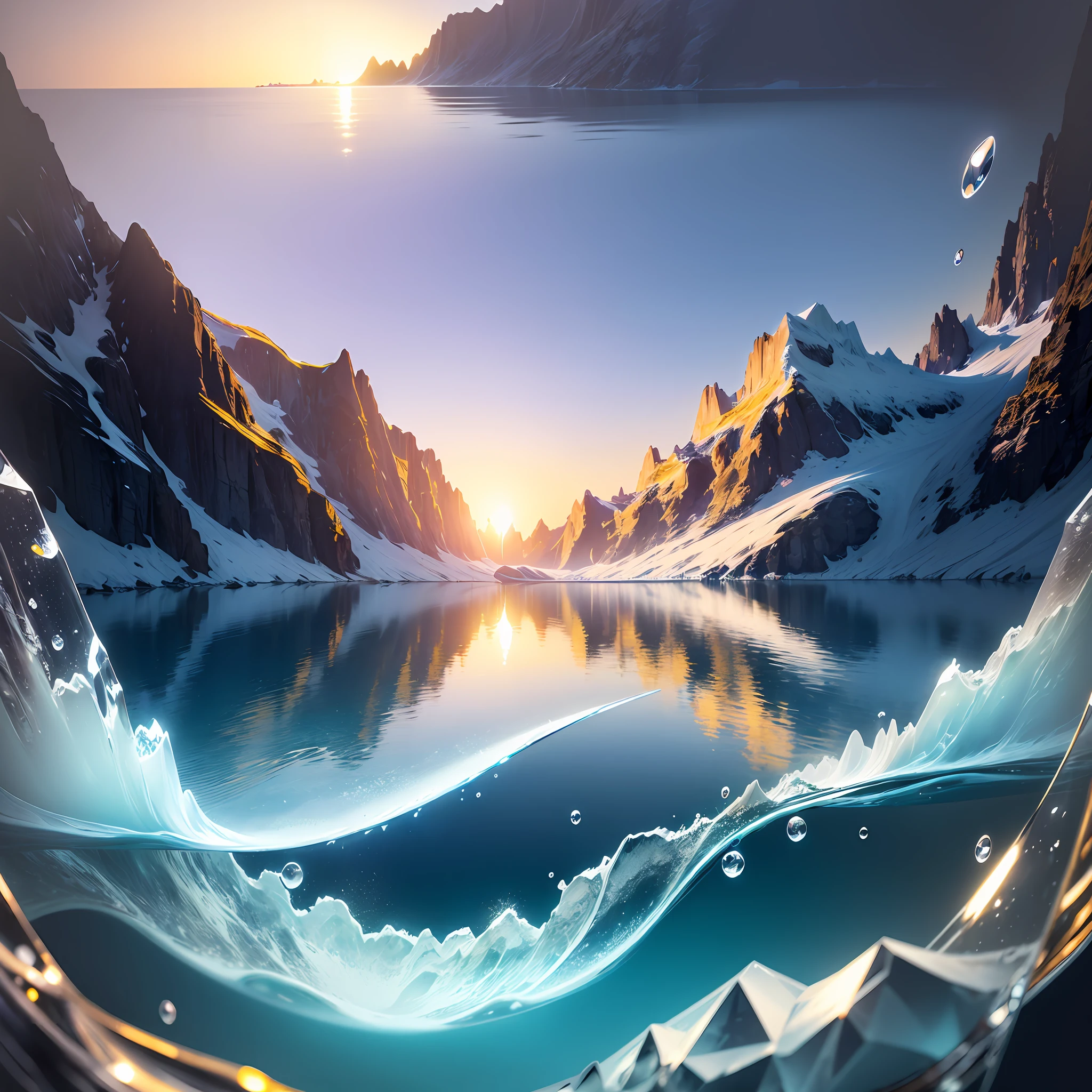 Computer, realistic fantasy, Extensive landscape ultra photography (general view showing a glass glass, iceberg, dew drops, inside an iceberg), blurred background, gloomy, yellow, purple background, magic