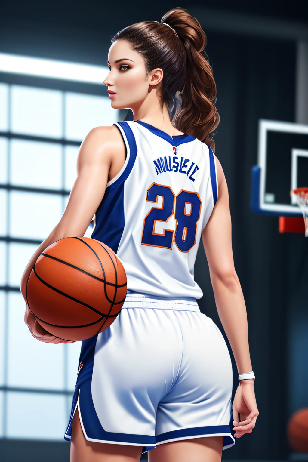 ((Masterpiece)), ((Best Quality)), (Ultra Detailed), (Very Detailed)), 4K, (8K), Best Quality, (Beautiful), Perfect Anatomy, Photo from Behind, Tempered Ass, Supermodel Portrait Photography, Solo, (Basketball Uniform:1.3), Meticulously Rendered Face, Beautiful Eyes, Feminine Physique, Goddess of Beauty, Unreal Engine, octane rendering, gymnasium, movie lighting,
