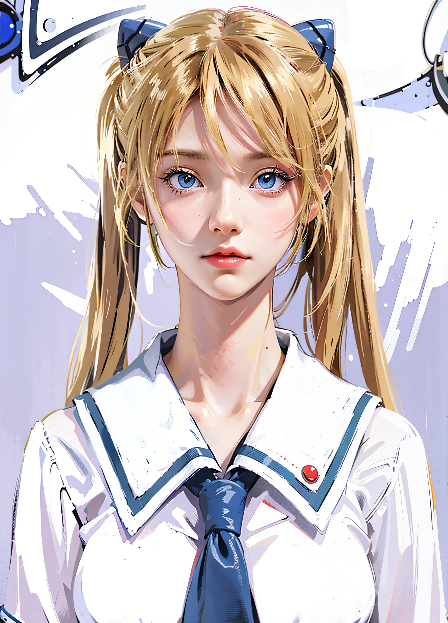 Live-action adaptation, face up, ponytail and blue-eyed anime girl in sailor suit, blonde anime girl with long hair, beautiful anime schoolgirl, surreal schoolgirl, digital manga art made by anime painter studio, anime character, Asuka, highest quality, high definition, hair is realistic, hair is clean one by one