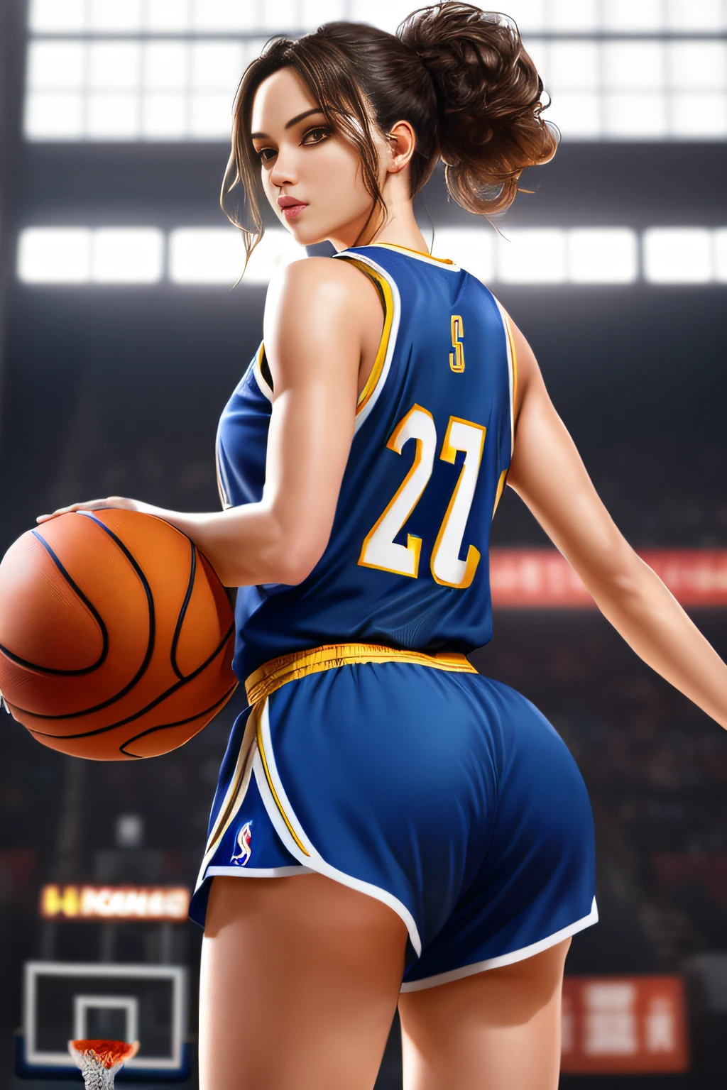 ((Masterpiece)), ((Best Quality)), (Ultra Detailed), (Very Detailed)), 4K, (8K), Best Quality, (Beautiful), Perfect Anatomy, Photo from Behind, Tempered Ass, Supermodel Portrait Photography, Solo, (Basketball Uniform:1.3), Meticulously Rendered Face, Beautiful Eyes, Feminine Physique, Goddess of Beauty, Unreal Engine, octane rendering, gymnasium, movie lighting,