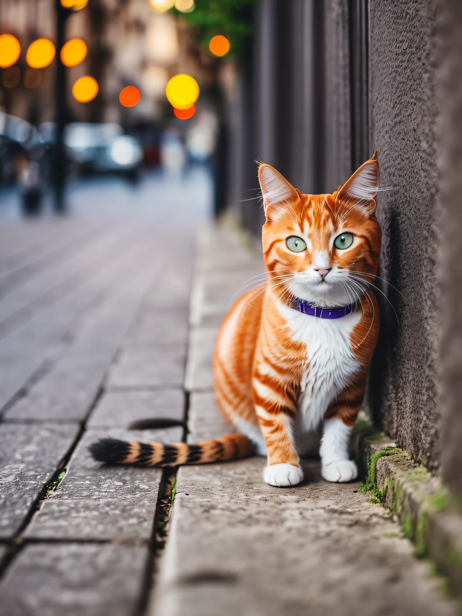 there is a cat sitting on a wooden bench in the city, a portrait by Niko Henrichon, shutterstock, photorealism, sad cat, beautiful picture of stray, photo of a cat, ginger cat, cat on the table, the cat is walking, angry cat, an anthro cat, cute furry needs your help, orange cat, an orange cat --auto --s2