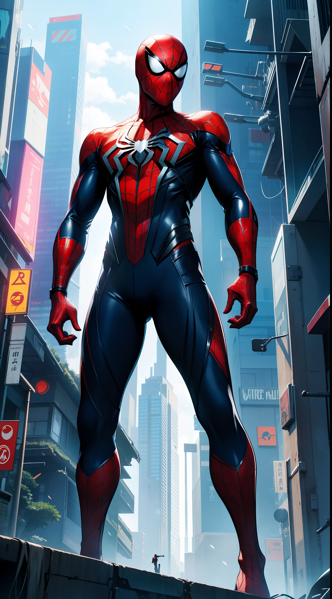 Spiderman anime version, futuristic cybernetic costume, Cyberpunk 2077, 8k, best quality, lots of details in the costume