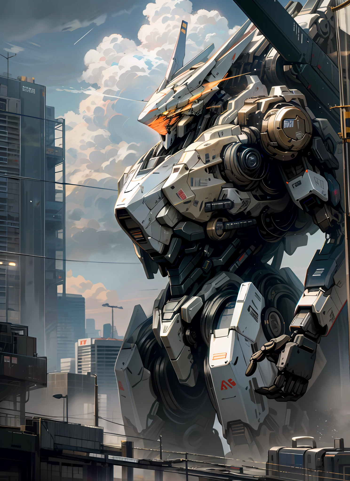 sky, cloud, holding_weapon, no_humans, glowing, , robot, building, glowing_eyes, mecha, science_fiction, city, realistic,mecha