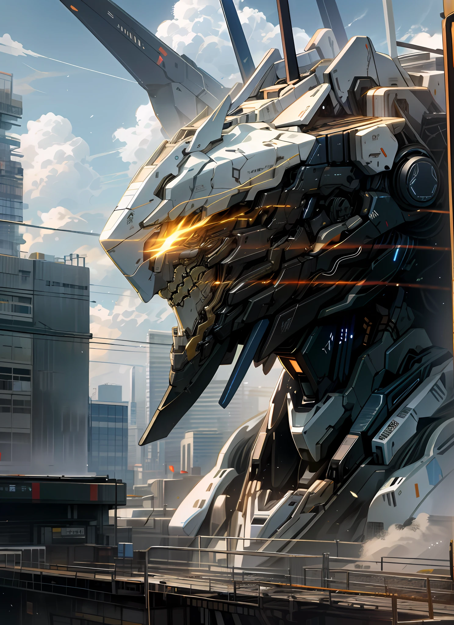 sky, cloud, holding_weapon, no_humans, glowing, , robot, building, glowing_eyes, mecha, science_fiction, city, realistic,mecha