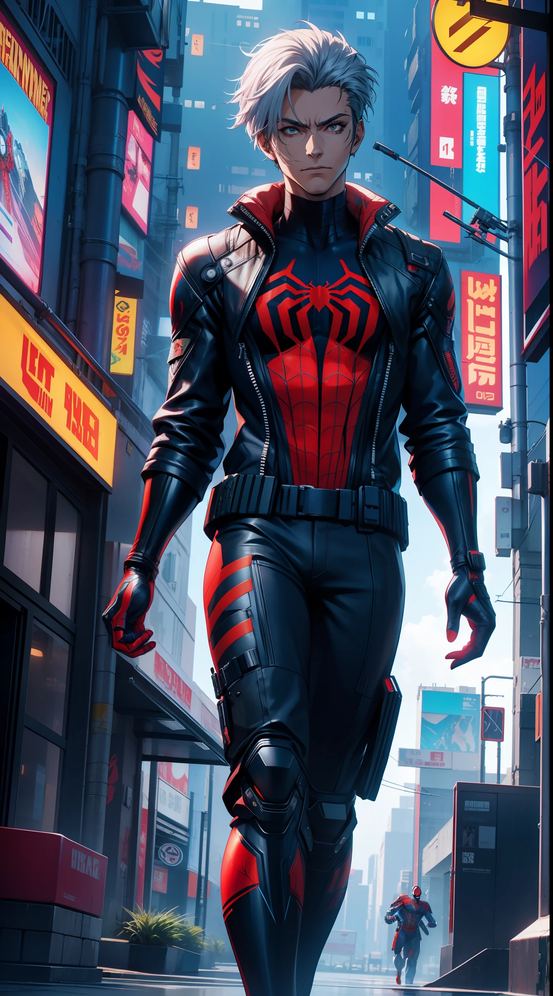Spiderman anime version, futuristic cybernetic costume, Cyberpunk 2077, 8k, best quality, lots of details in the costume