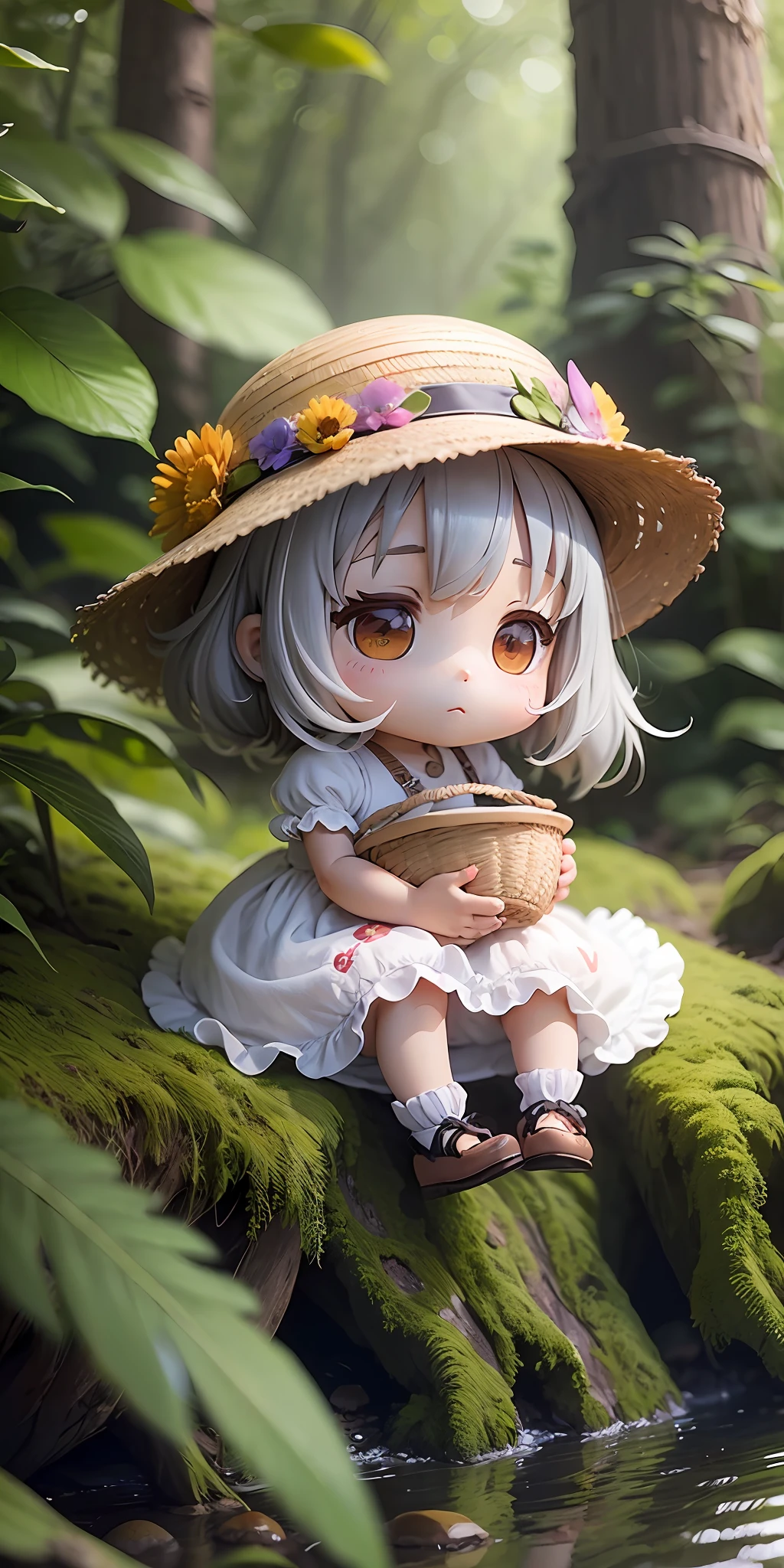 Chibi Chara, Anime, Nendoroid, 1 Girl, Gray Hair, Straw Hat, Wearing a Dress, One Piece with Ruffled Hemm, Floral, In the Forest, Deformed, Cute, Picture Face, Mushroom, Little Bird, Picnic, Basket