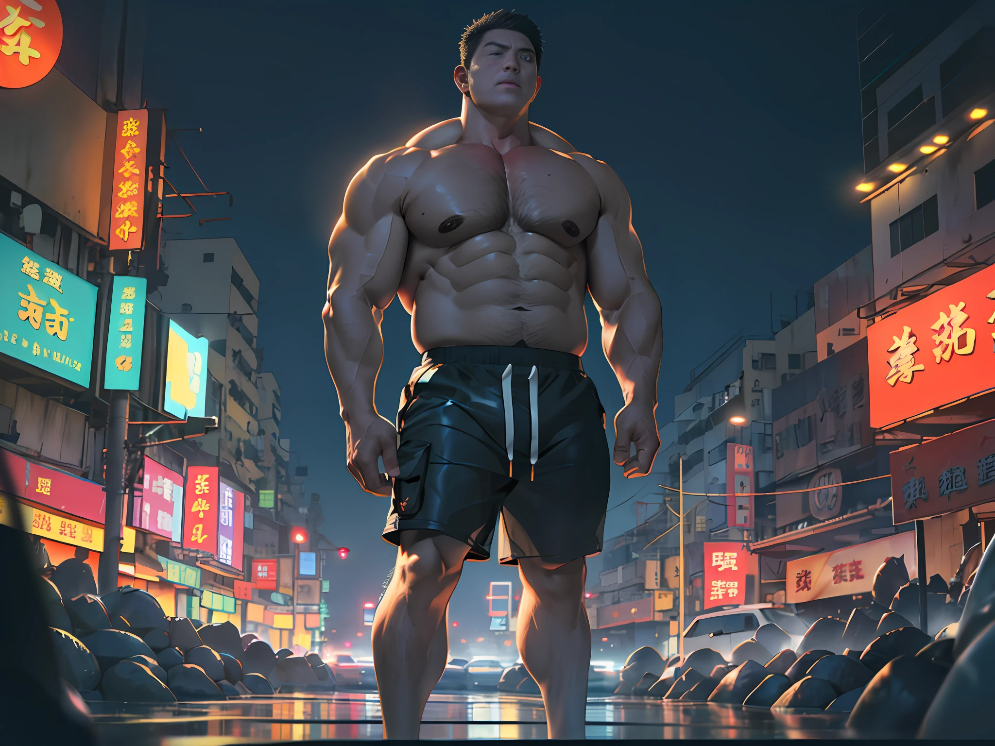 landscape, neon, 1boy, best quality, mature male, muscular male, (bala chunky: 1.5), bala daddy, thick arms, thick legs, sweatpants, full body, fat, realistic photo, masterpiece, naked upper body, male, shorts, short hair, strong, (pectoralis major: 0.7), tough guy, giant root, (bare upper body: 1.2), smile, look forward, masterpiece, best quality, 8k, original photo, night, street, (buildings, hong kong, siege of Kowloon, Humidity:1.2), Asian Shopping District, (Clear Focus, Wide Lens, Dark Background:1.8), Rain, Fog, (Perspective, Depth of Field, Bleaching bypass:1.4), Realistic, High resolution, Ultra detail, Film lighting, Film grain, Chromatic aberration