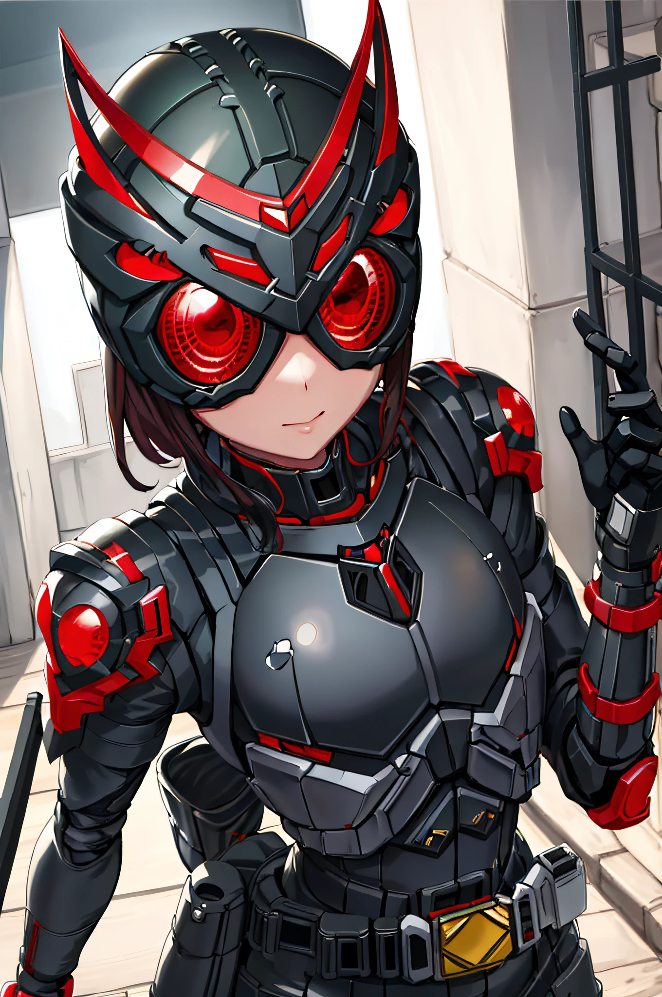 masterpiece, best quality, 1girl, (kamen), compound eye helmet, black battlesuit, shoulder armor, long broken, long red cape,