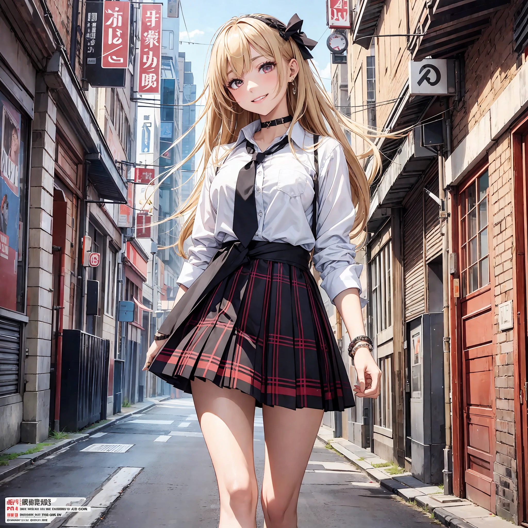 masterpiece, best quality, full body, 1girl, bangs, black choker, black necktie, blonde hair, blue skirt, blush, bracelet, breasts, choker, clothes around waist, collarbone, collared shirt, cowboy shot, dress shirt, ear piercing, eyebrows visible through hair, gradient hair, grin, gyaru, jewelry, kogal, long hair, looking at viewer, loose necktie, necktie, piercing, plaid, plaid skirt, pleated skirt, red eyes, ring, school uniform, shirt, skirt, smile, solo, white shirt, street, sky, cherry blossoms, petals,illustration, (magazine:1.3), (cover-style:1.3), fashionable, woman, vibrant, outfit, posing, front, colorful, dynamic, background, elements, confident, expression, holding, statement, accessory, majestic, coiled, around, touch, scene, text, cover, bold, attention-grabbing, title, stylish, font, catchy, headline, larger, striking, modern, trendy, focus, fashion, --auto --s2