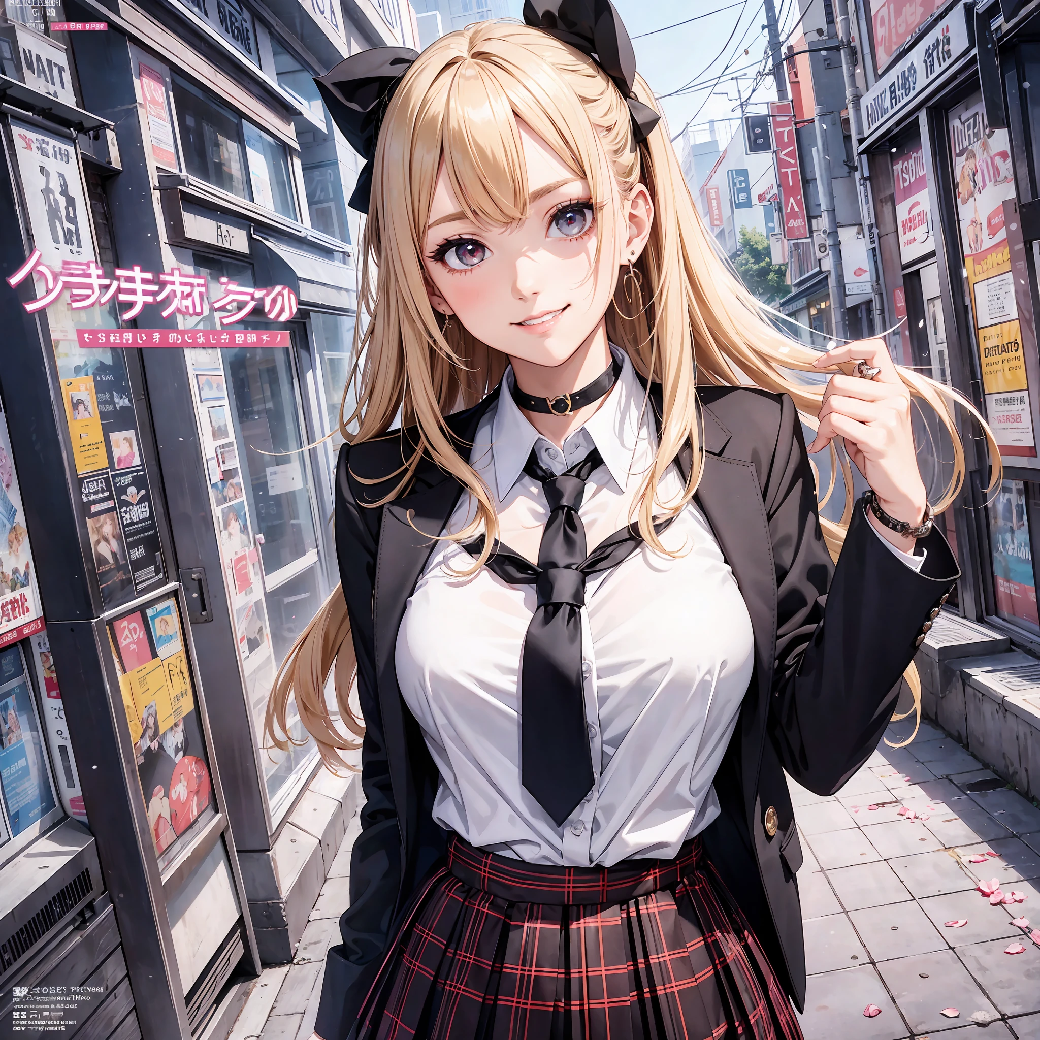 masterpiece, best quality, full body, 1girl, bangs, black choker, black necktie, blonde hair, blue skirt, blush, bracelet, breasts, choker, clothes around waist, collarbone, collared shirt, cowboy shot, dress shirt, ear piercing, eyebrows visible through hair, gradient hair, grin, gyaru, jewelry, kogal, long hair, looking at viewer, loose necktie, necktie, piercing, plaid, plaid skirt, pleated skirt, red eyes, ring, school uniform, shirt, skirt, smile, solo, white shirt, street, sky, cherry blossoms, petals,illustration, (magazine:1.3), (cover-style:1.3), fashionable, woman, vibrant, outfit, posing, front, colorful, dynamic, background, elements, confident, expression, holding, statement, accessory, majestic, coiled, around, touch, scene, text, cover, bold, attention-grabbing, title, stylish, font, catchy, headline, larger, striking, modern, trendy, focus, fashion, --auto --s2