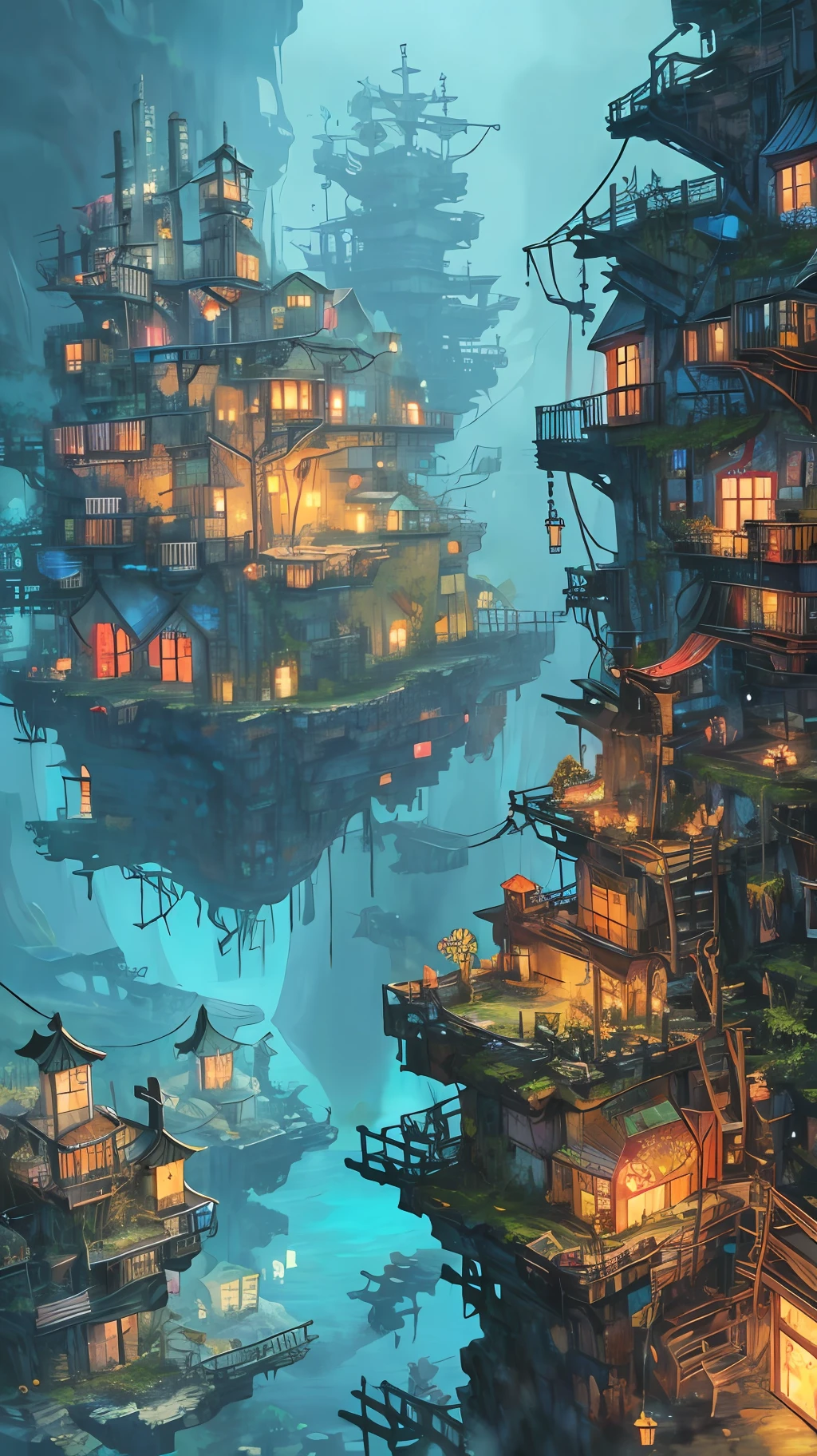 Colors (Fantasy: 1.2), (Miyazaki Hayao Style), (Irregular Buildings Floating Under the Sea), Patchwork Houses, Moss Decoration, Coral, Lights, Concept Art Inspired by Andreas Rocha, Artstation Competition Winner, Fantasy Art, (Cyberpunk Underwater City), Rosteland, Optical Axis, Realistic Lighting, Masterpiece, High Quality, Beautiful Graphics, High Detail, Masterpiece, High Quality, Beautiful Graphics, High Detail, 8k --v6
