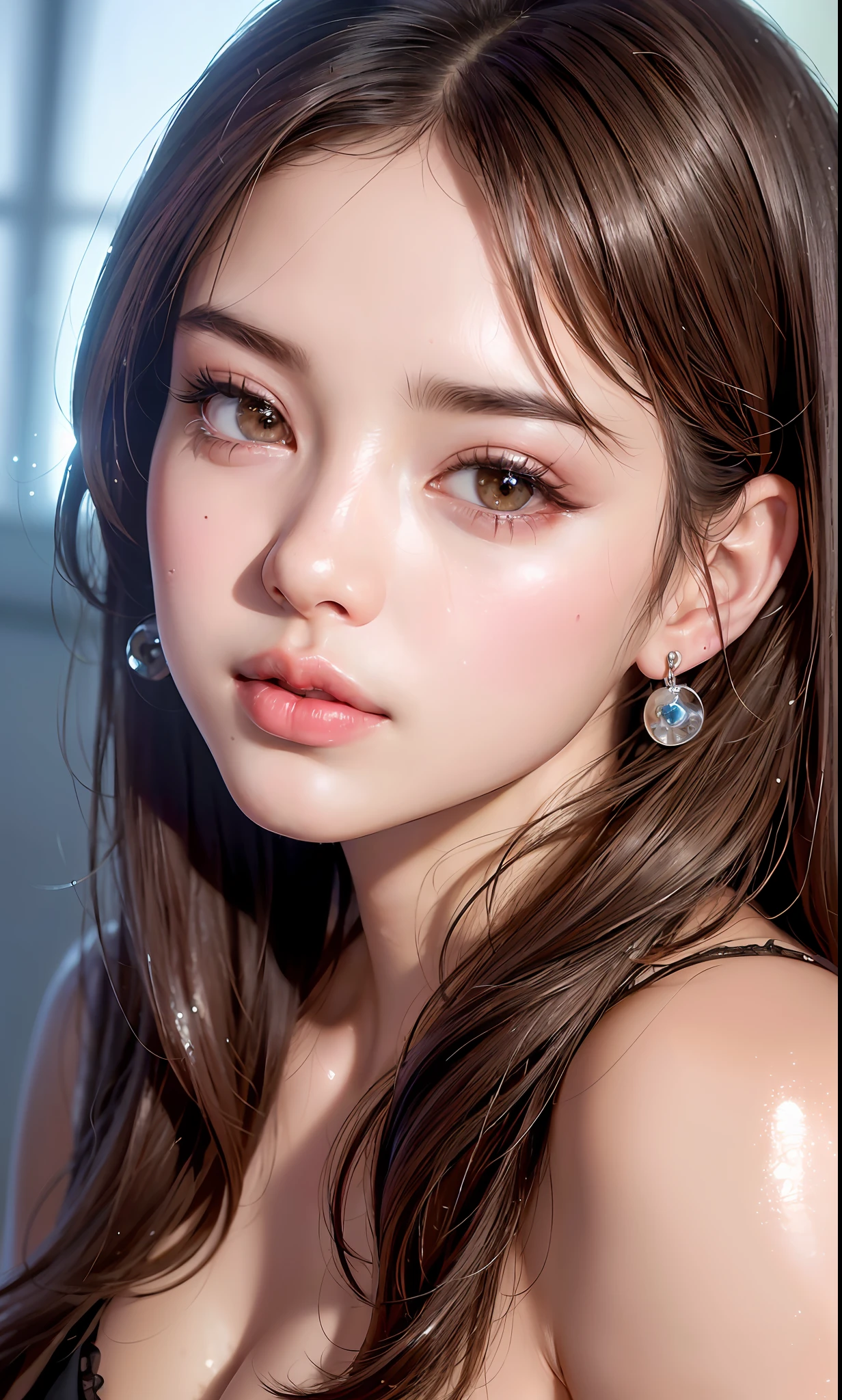 (8k, RAW photo, photorealistic: 1.25), (lip gloss, eyelashes, shiny face, shiny skin, best quality, ultra high resolution, depth of field, chromatic aberration, caustics, wide lighting, natural shading, Kpop idol) viewer looking at a calm, goddess-like euphoria, brown hair, clothes see-through, wet