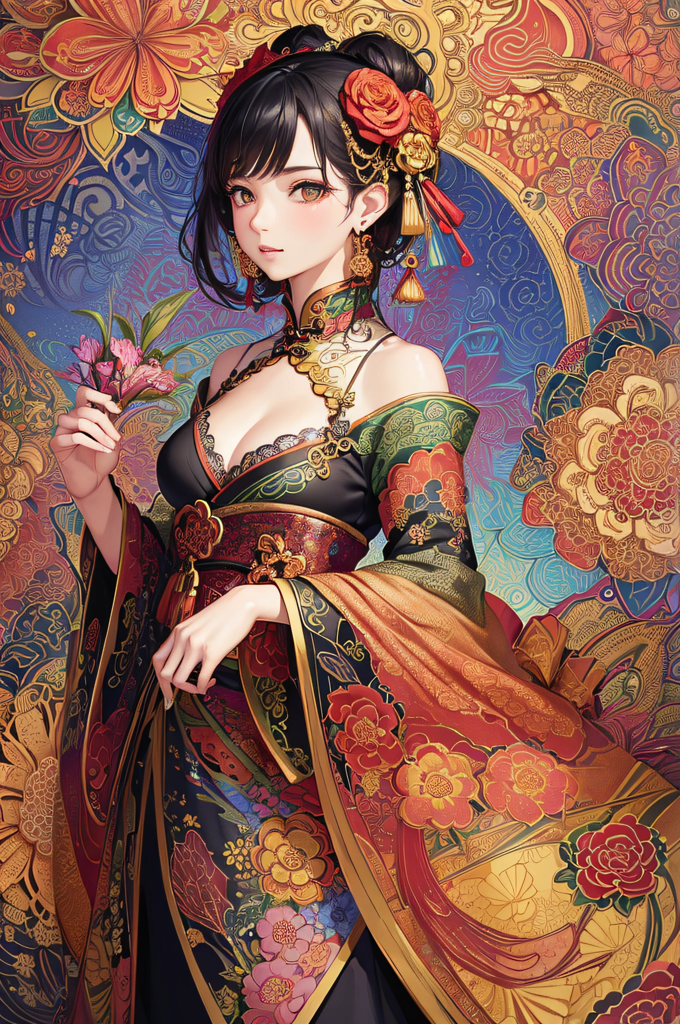 (masterpiece, top quality, best quality, official art, beautiful and aesthetic:1.2), (1girl:1.3), extremely detailed,(fractal art:1.1),(colorful:1.1)(flowers:1.3),highest detailed,(zentangle:1.2), (dynamic pose), (abstract background:1.3), (chinese Traditional cloth:1.2), (shiny skin), (many colors:1.4), ,(earrings:1.4),