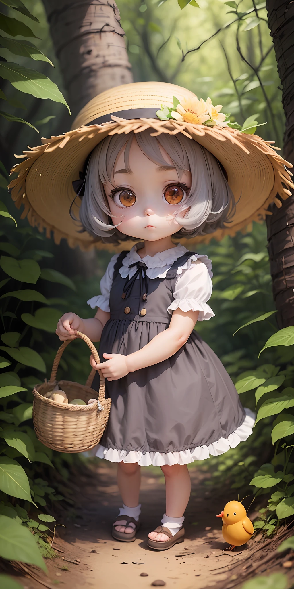 Chibi Chara, Anime, Nendoroid, 1 girl, Gray hair, Straw hat, Wearing a dress, dress with ruffled hem, Floral pattern, In the forest, Deformed, Cute, Picture face, Mushroom, Little bird, Picnic, 1 basket