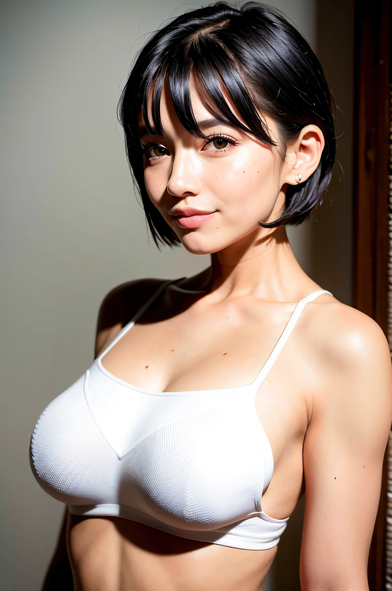 (best image quality, 8k, masterpiece: 1.3)), sharp focus: 1.2, beautiful woman with a perfect body: 1.4, slim abdomen: 1.2, café with ((warm lighting)), soft atmosphere, (best shadow), 1 girl, solo, (kpop idol: 1.4), (high transparency open shirt (white)), no bra, (short black hair: 1.2), profile, smile, baby face, covering the chest with arms,